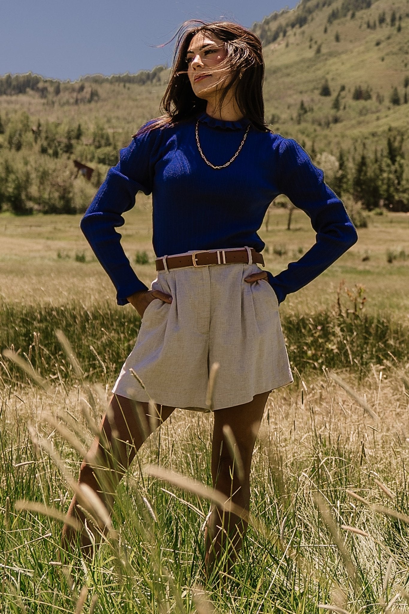 Cobalt Blue Ribbed Turtleneck Sweater with Ruffles | Olympia