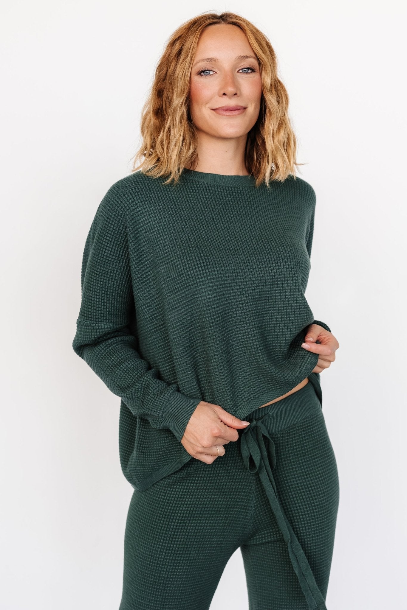 Owen Oversized Waffle Knit Sweater Top in Dark Green