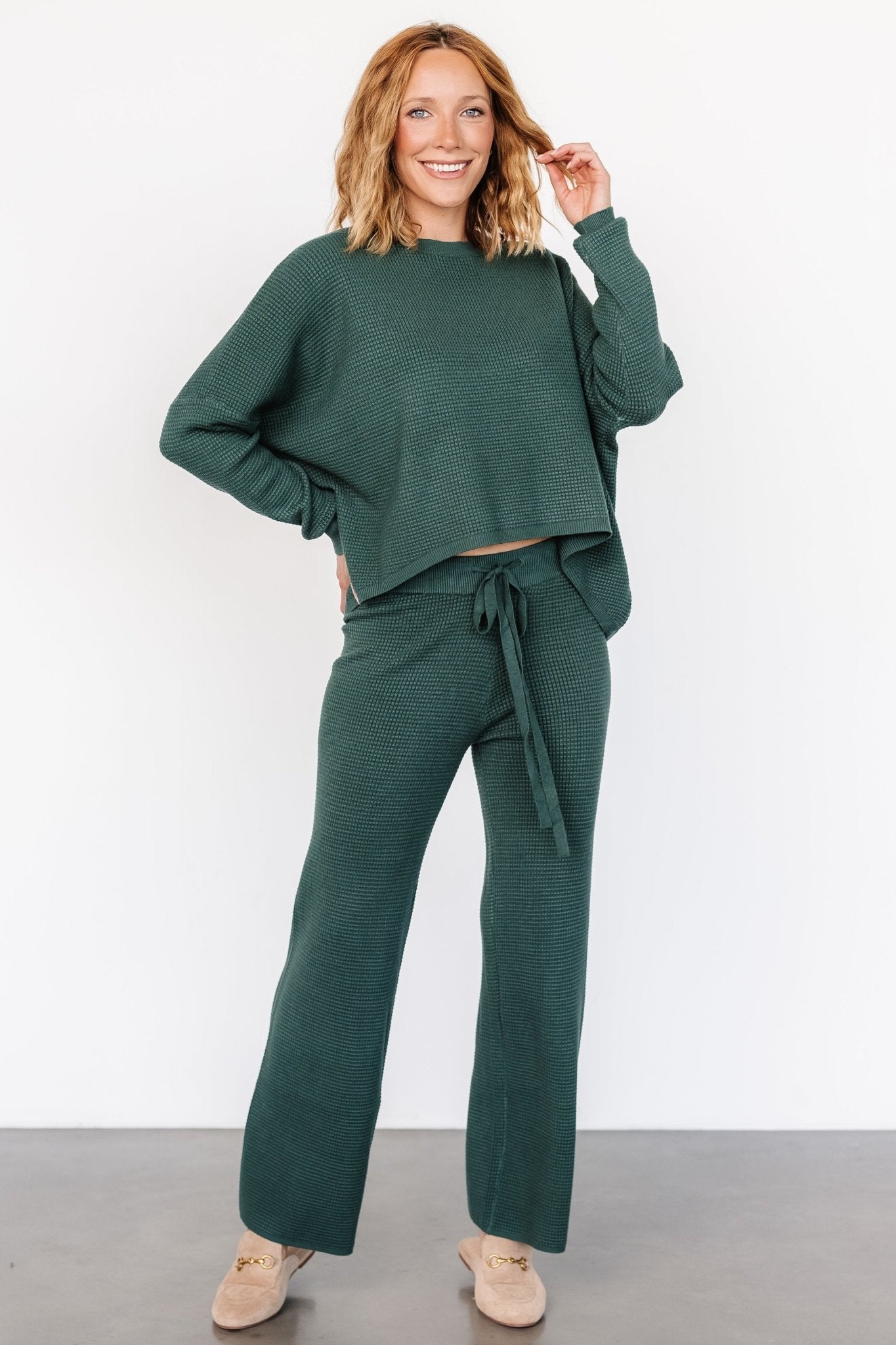 Owen Oversized Waffle Knit Sweater Top in Dark Green