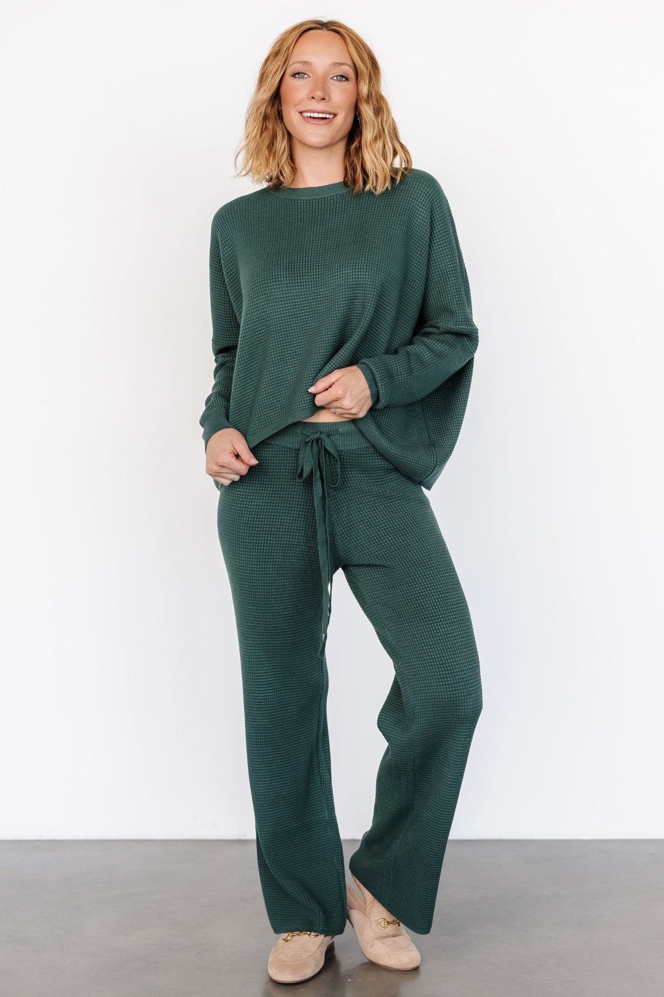 Owen Oversized Waffle Knit Sweater Top in Dark Green