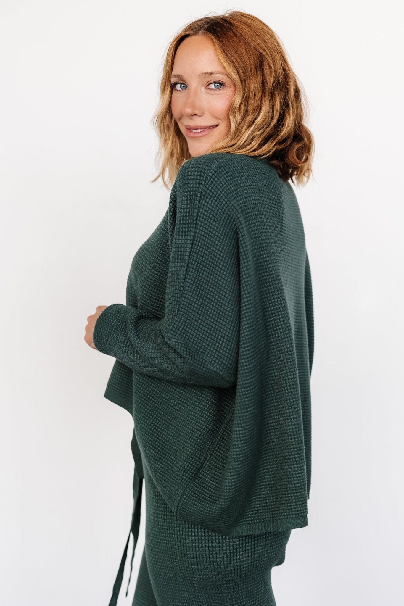 Owen Oversized Waffle Knit Sweater Top in Dark Green