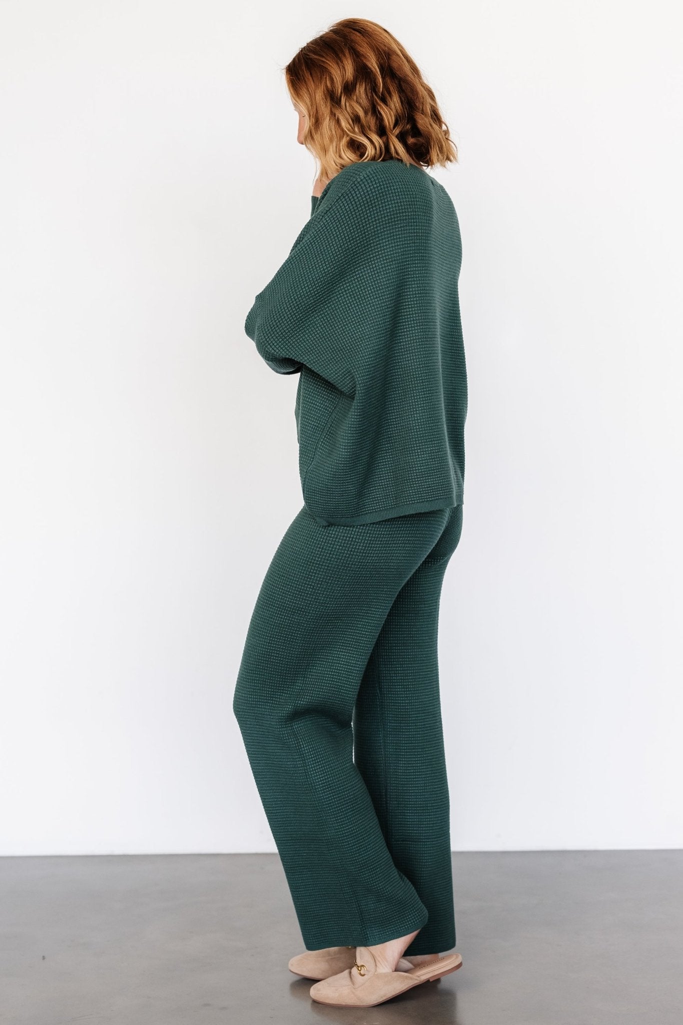 Owen Oversized Waffle Knit Sweater Top in Dark Green