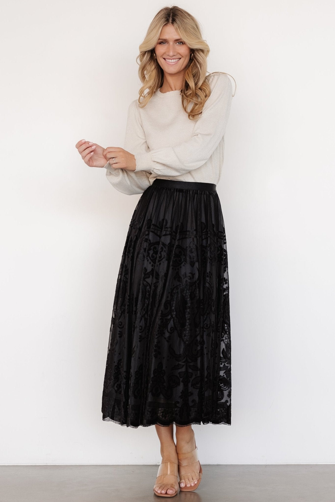 Palini Black Velvet Midi Skirt with Elastic Waistband