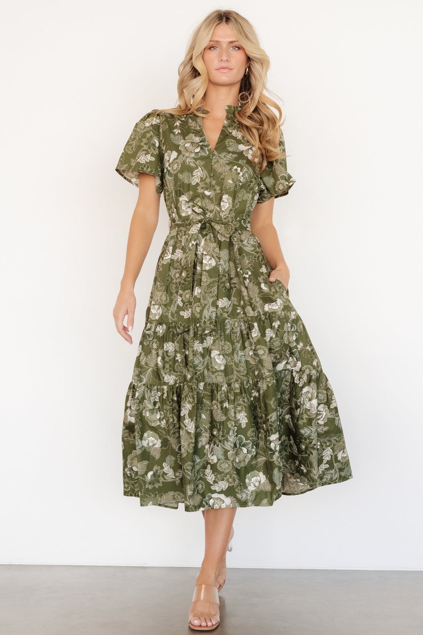 Adara Floral Midi Dress with Pockets & Waist Sash - Olive Green