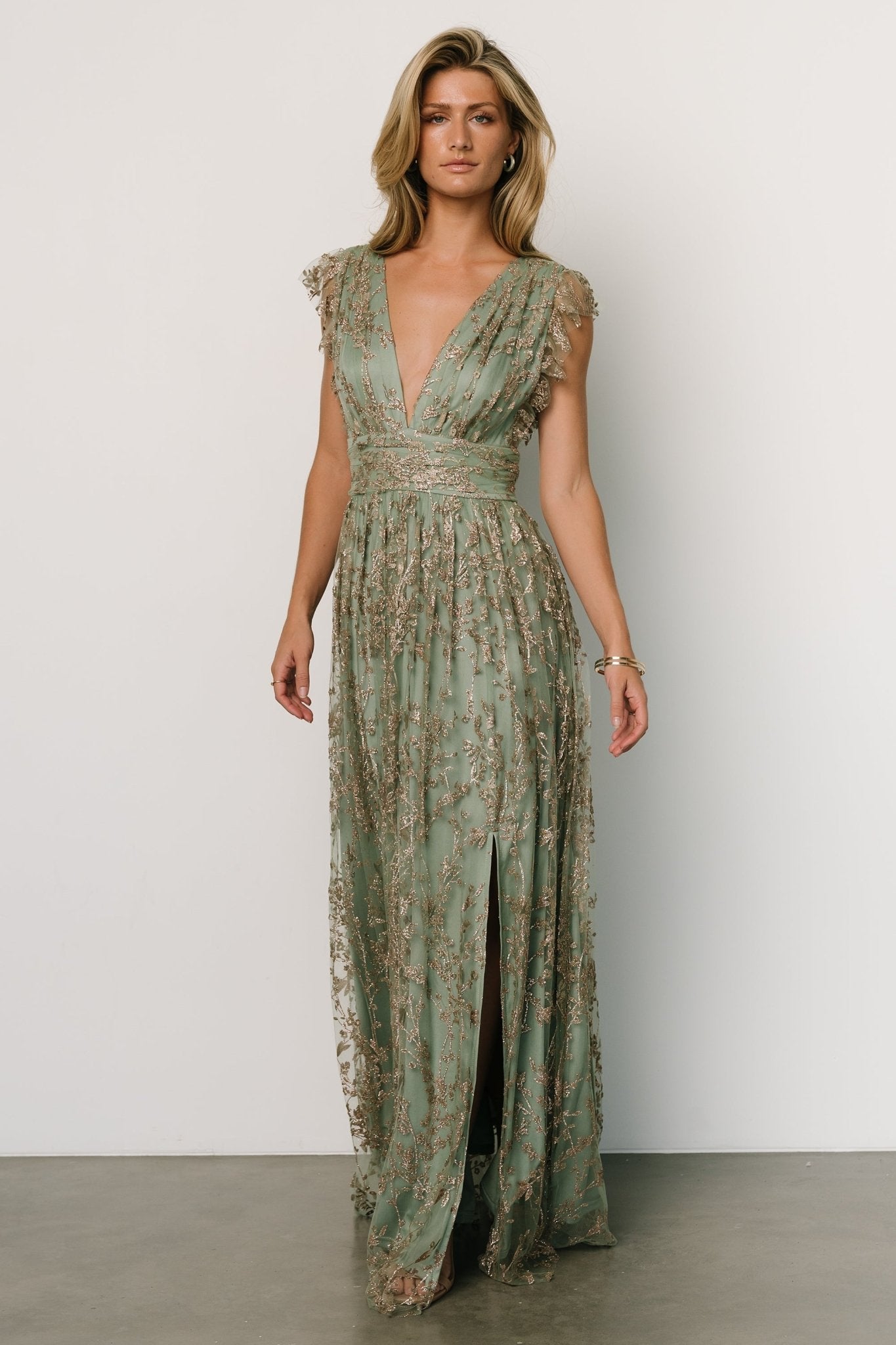 Sage Gold Shimmer Gown with Floral Tulle Overlay – Baltic Born