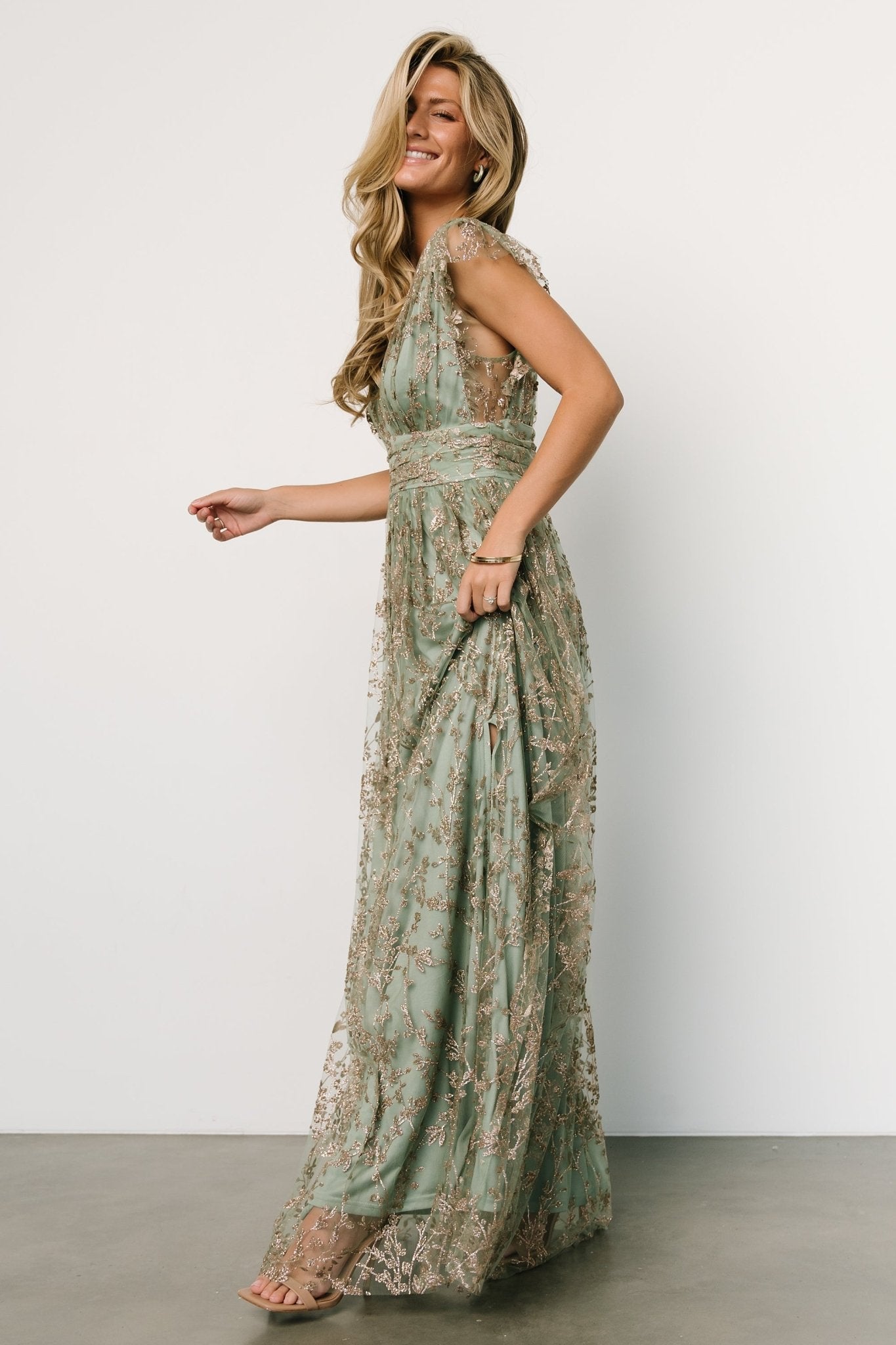 Sage Gold Shimmer Gown with Floral Tulle Overlay – Baltic Born