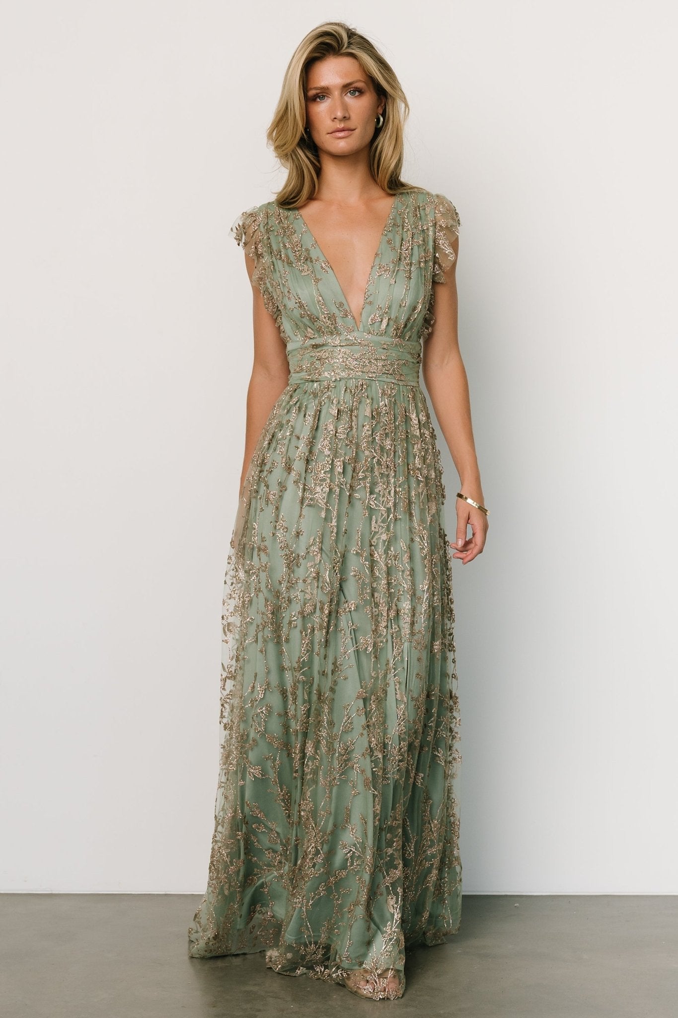 Sage Gold Shimmer Gown with Floral Tulle Overlay – Baltic Born