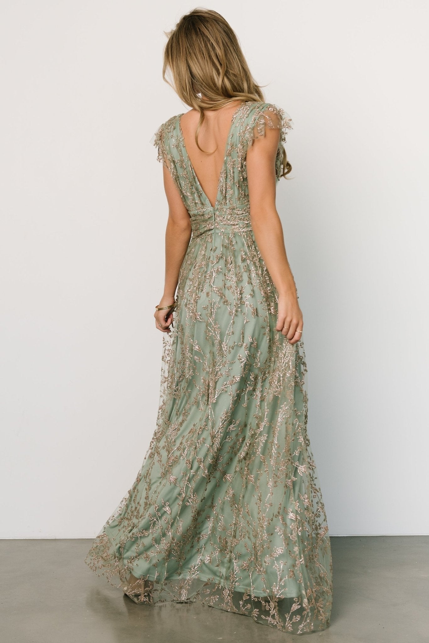 Sage Gold Shimmer Gown with Floral Tulle Overlay – Baltic Born