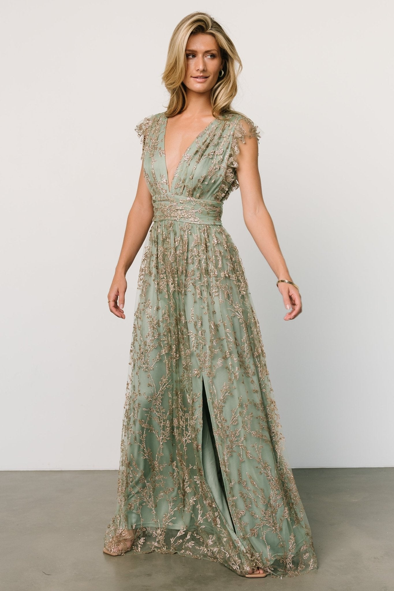 Sage Gold Shimmer Gown with Floral Tulle Overlay – Baltic Born