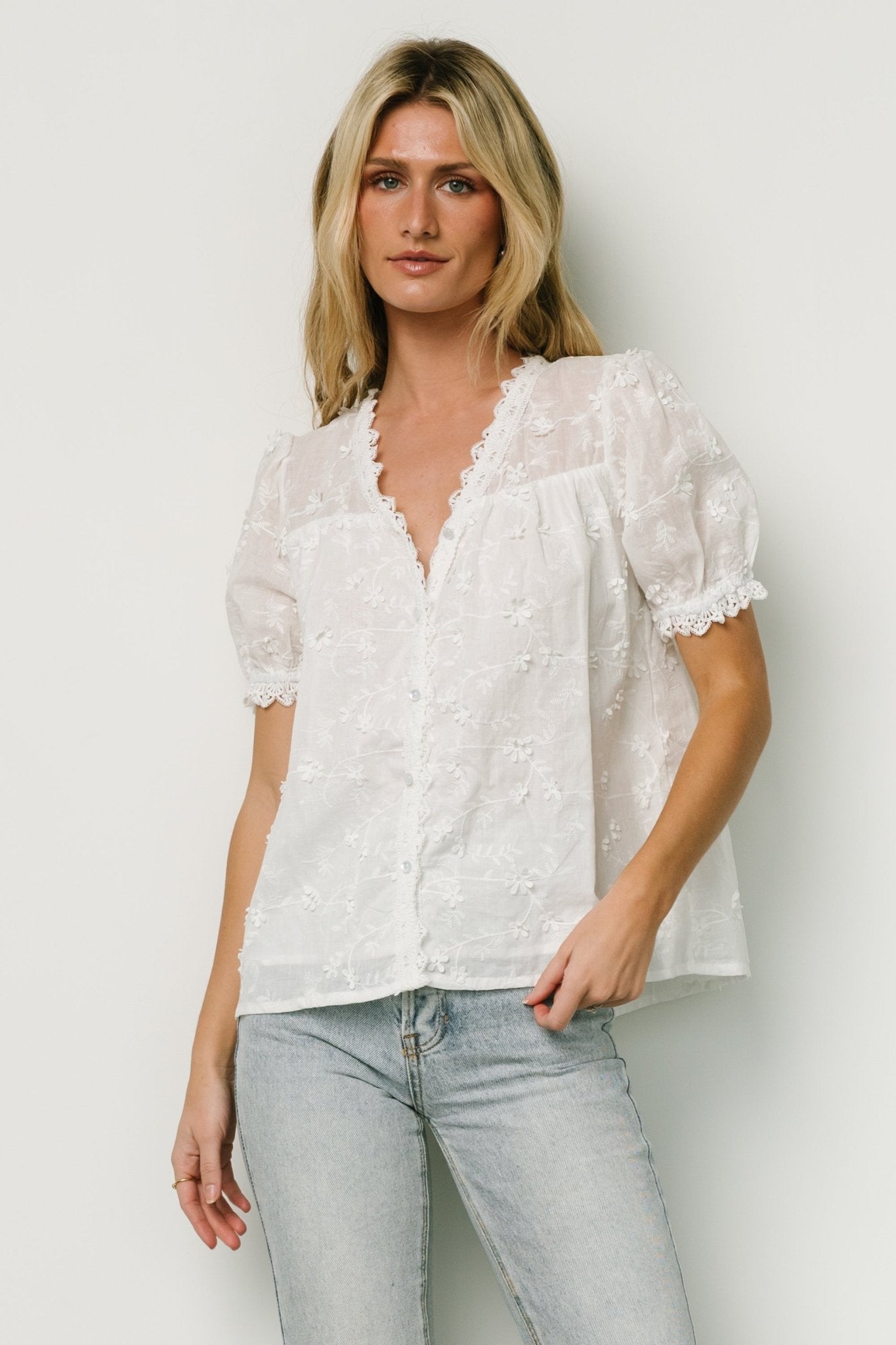 Baltic Born Off White Cotton Floral Embossed V-Neck Top