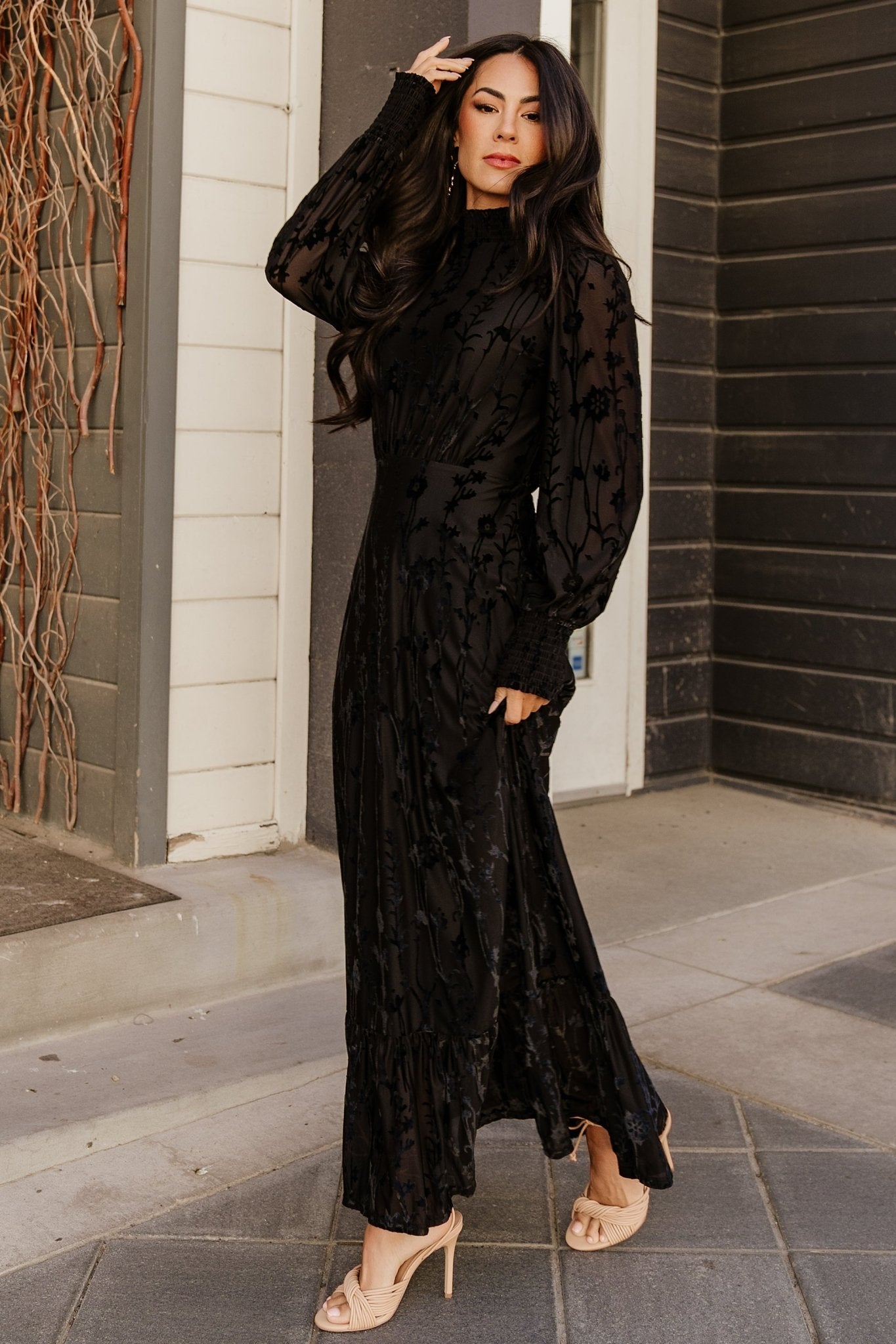 Black Velvet Maxi Dress with Floral Print - Penelope