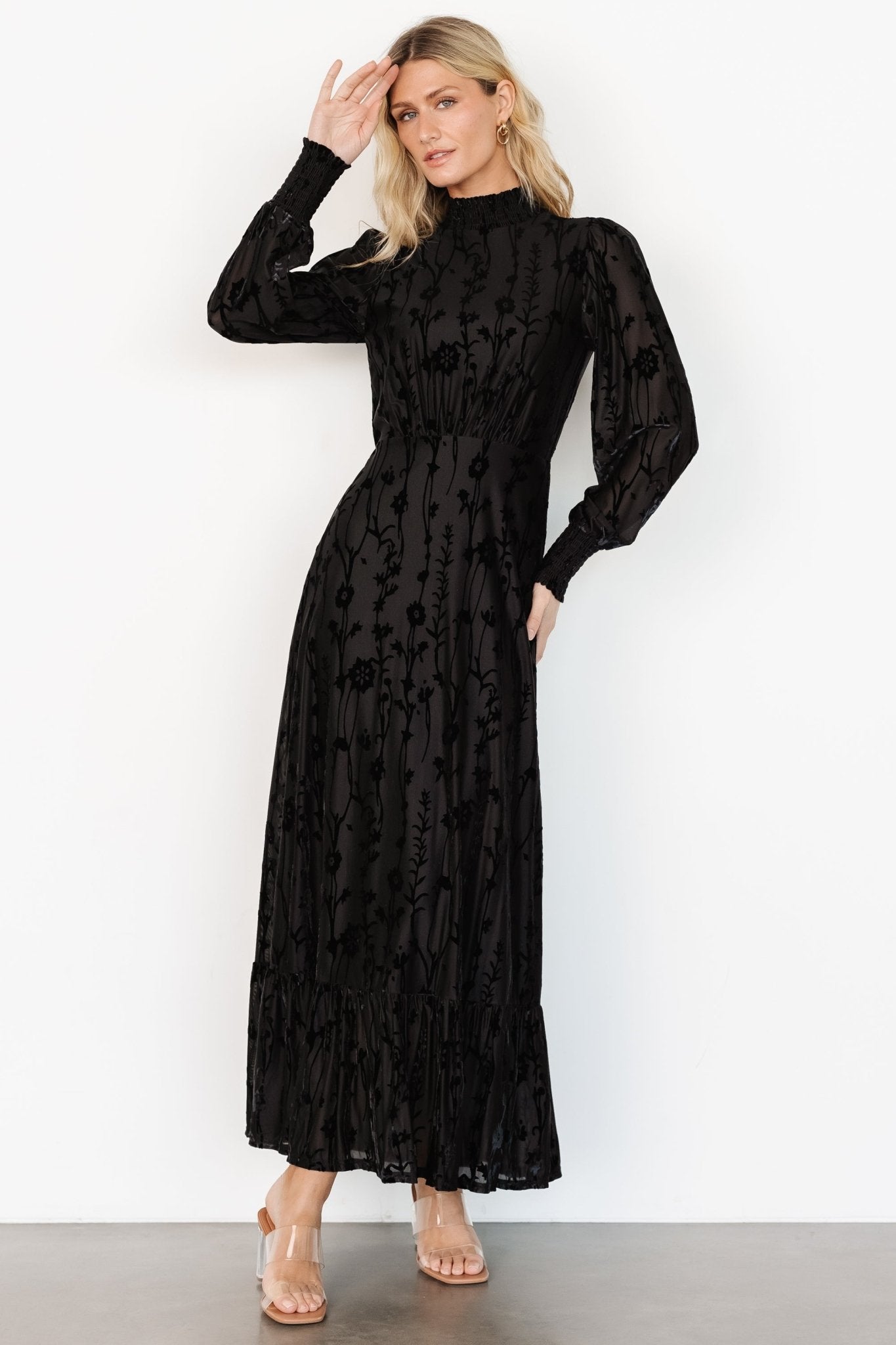 Black Velvet Maxi Dress with Floral Print - Penelope