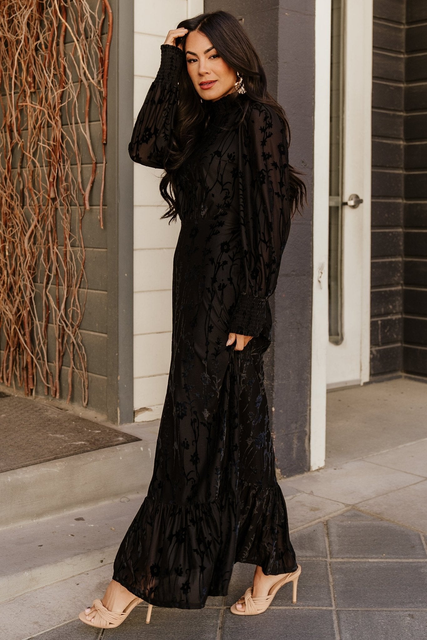 Black Velvet Maxi Dress with Floral Print - Penelope