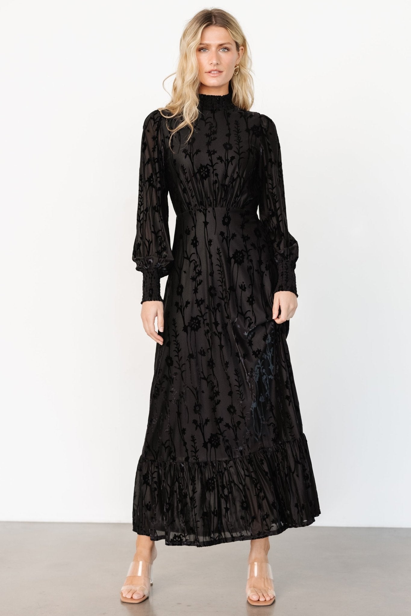 Black Velvet Maxi Dress with Floral Print - Penelope