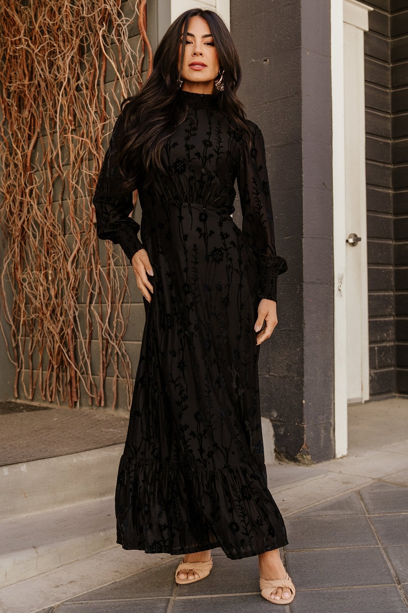 Black Velvet Maxi Dress with Floral Print - Penelope