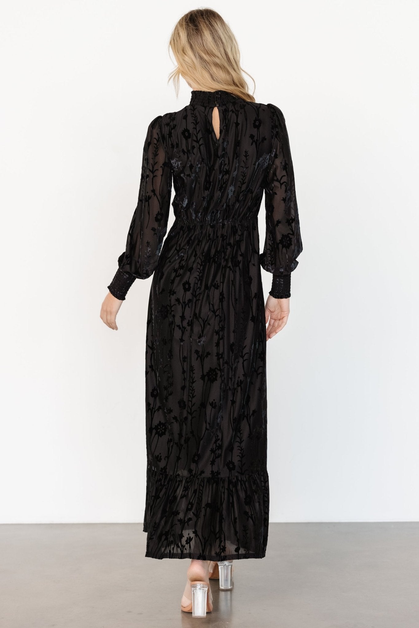 Black Velvet Maxi Dress with Floral Print - Penelope