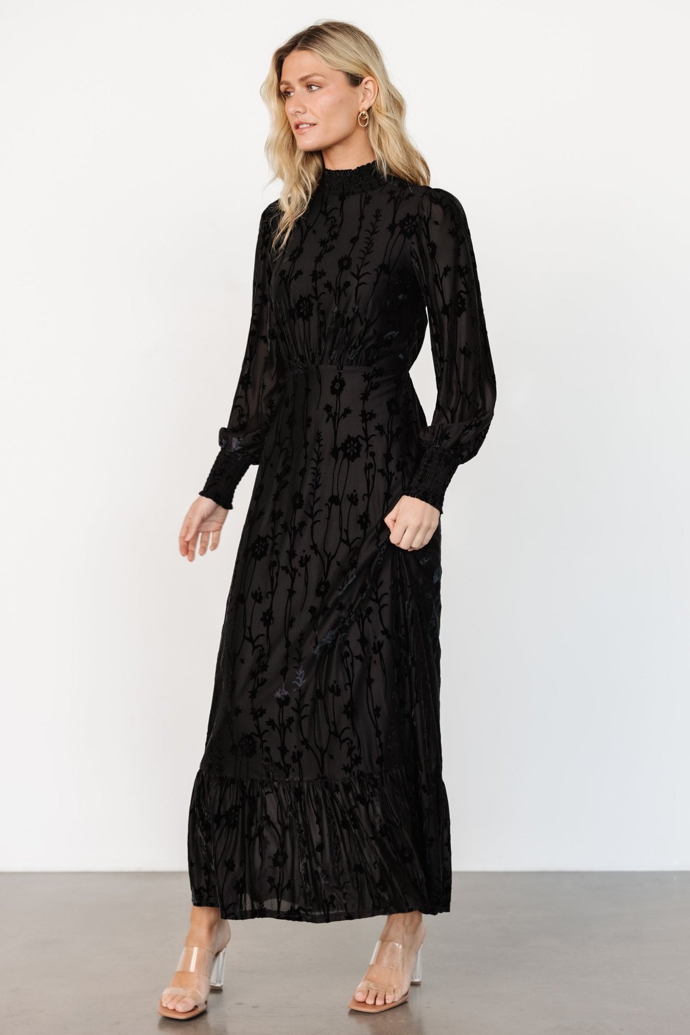 Black Velvet Maxi Dress with Floral Print - Penelope