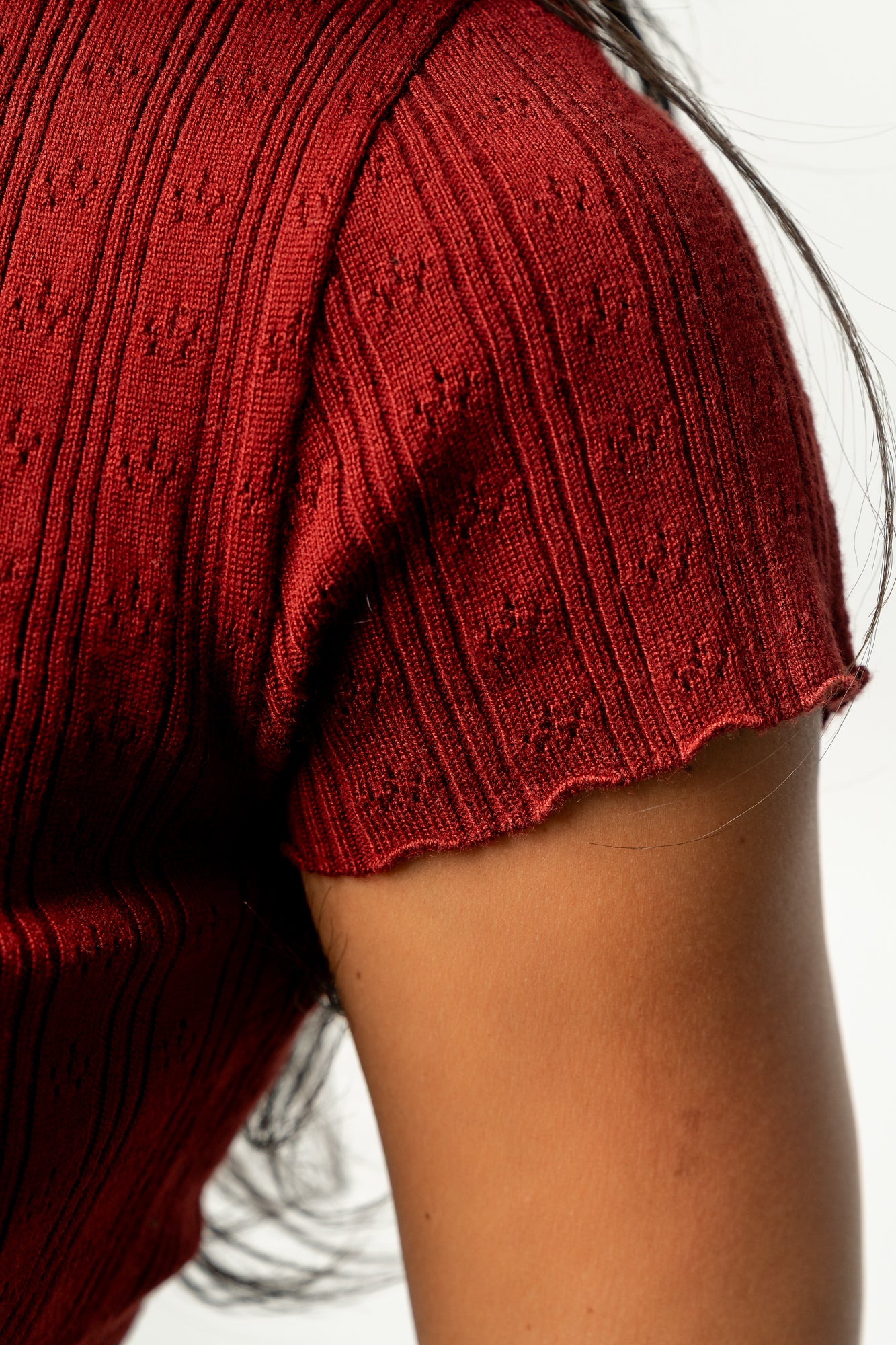 Brick Pointelle Knit Top with Scalloped Details