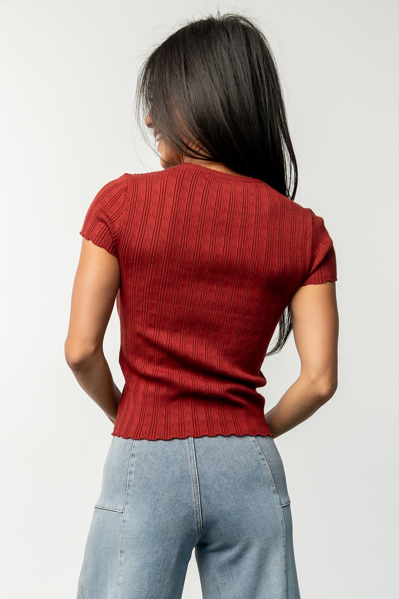 Brick Pointelle Knit Top with Scalloped Details