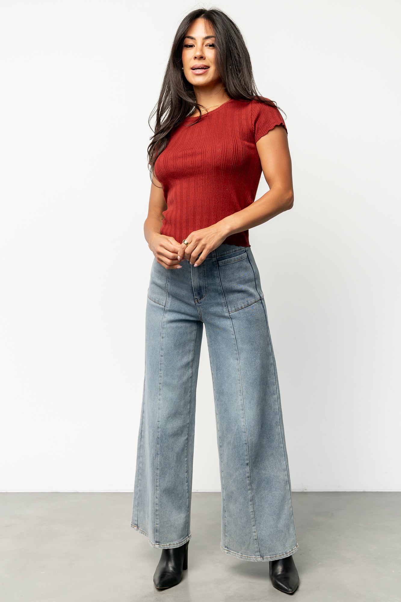 Brick Pointelle Knit Top with Scalloped Details
