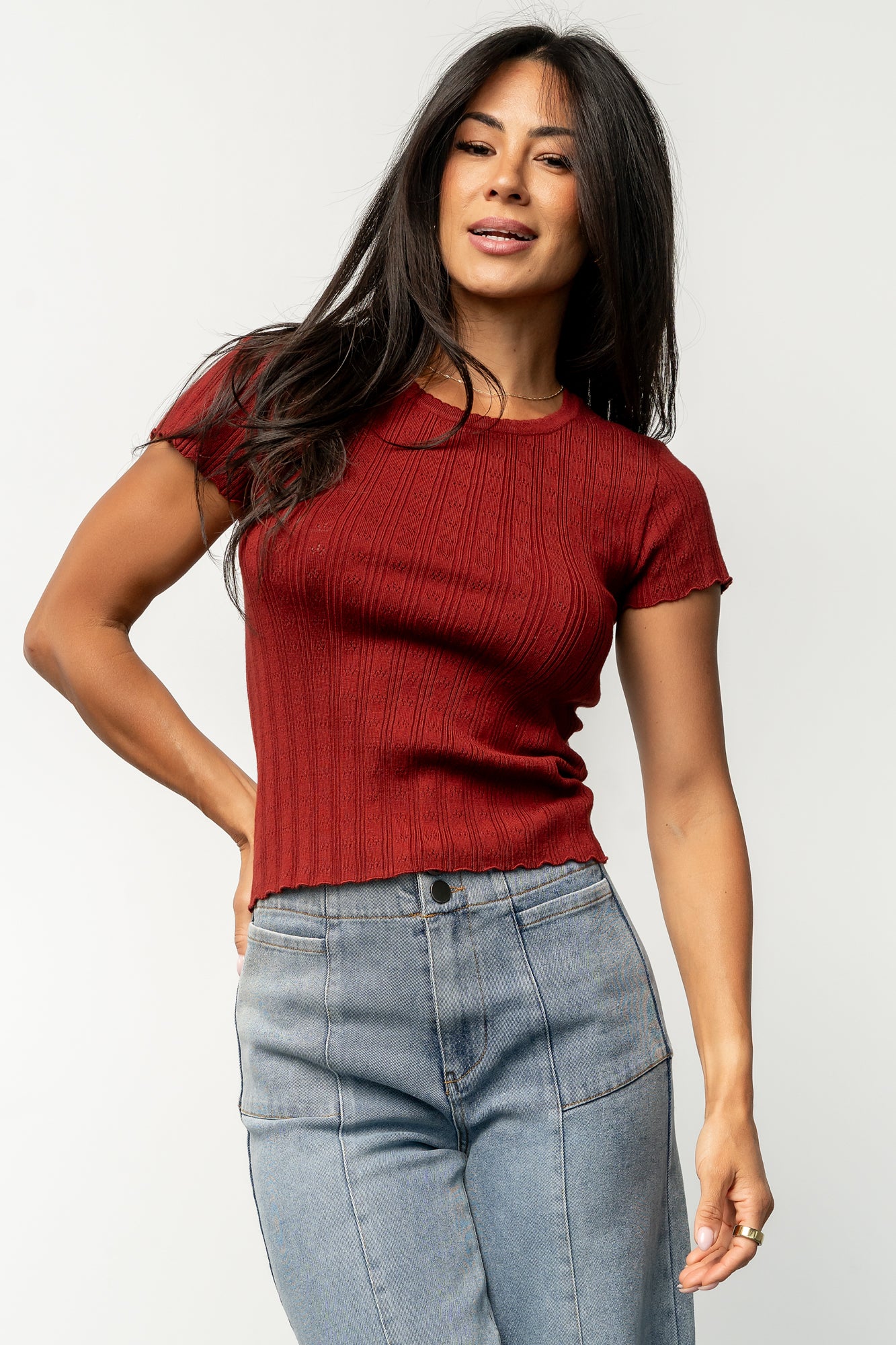 Brick Pointelle Knit Top with Scalloped Details