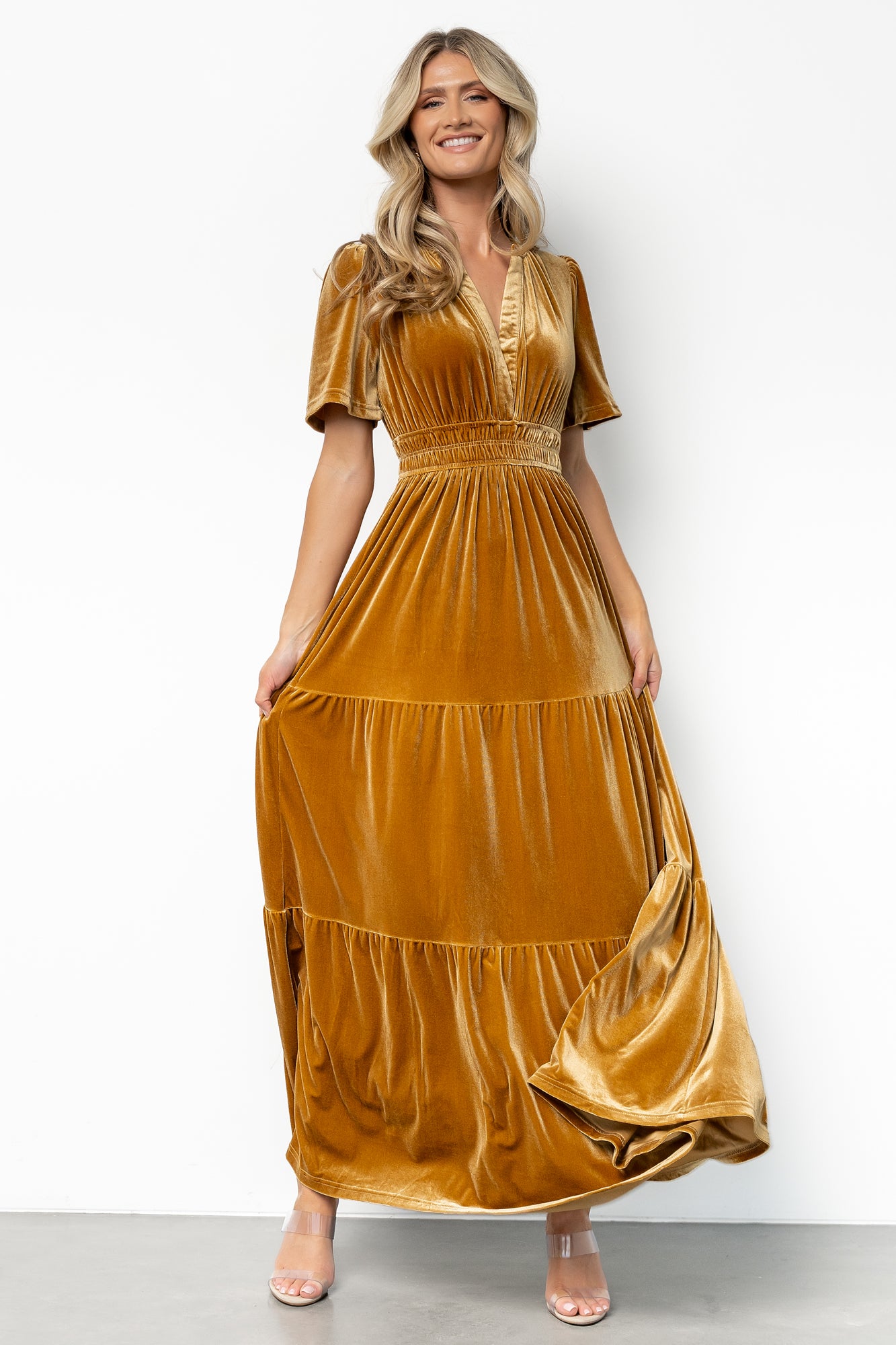 Baltic Born Dark Gold Velvet Maxi Dress with V-Neck & Tiered Skirt