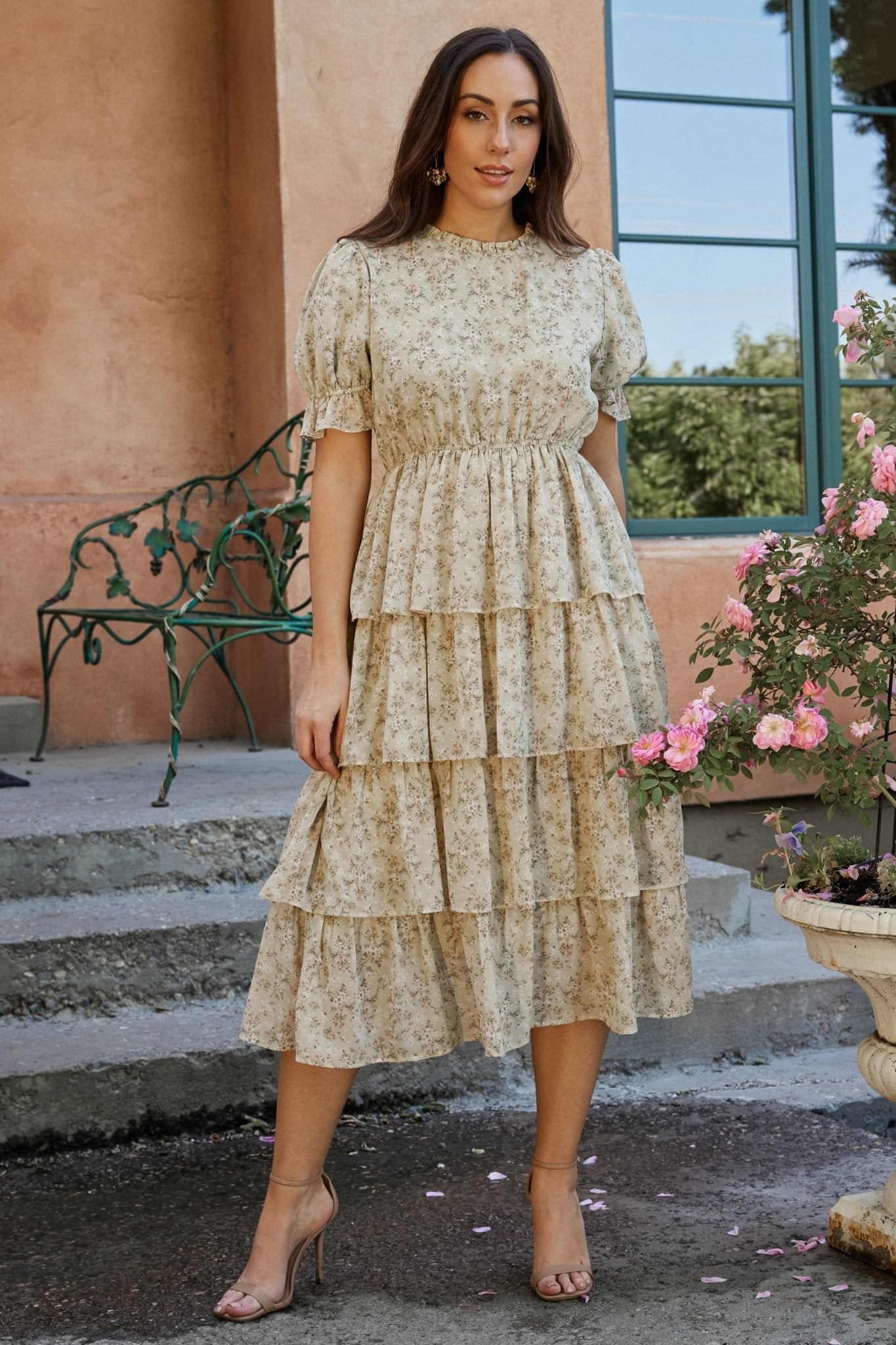 Baltic Born Light Sage Floral Tiered Midi Dress with Ruffles