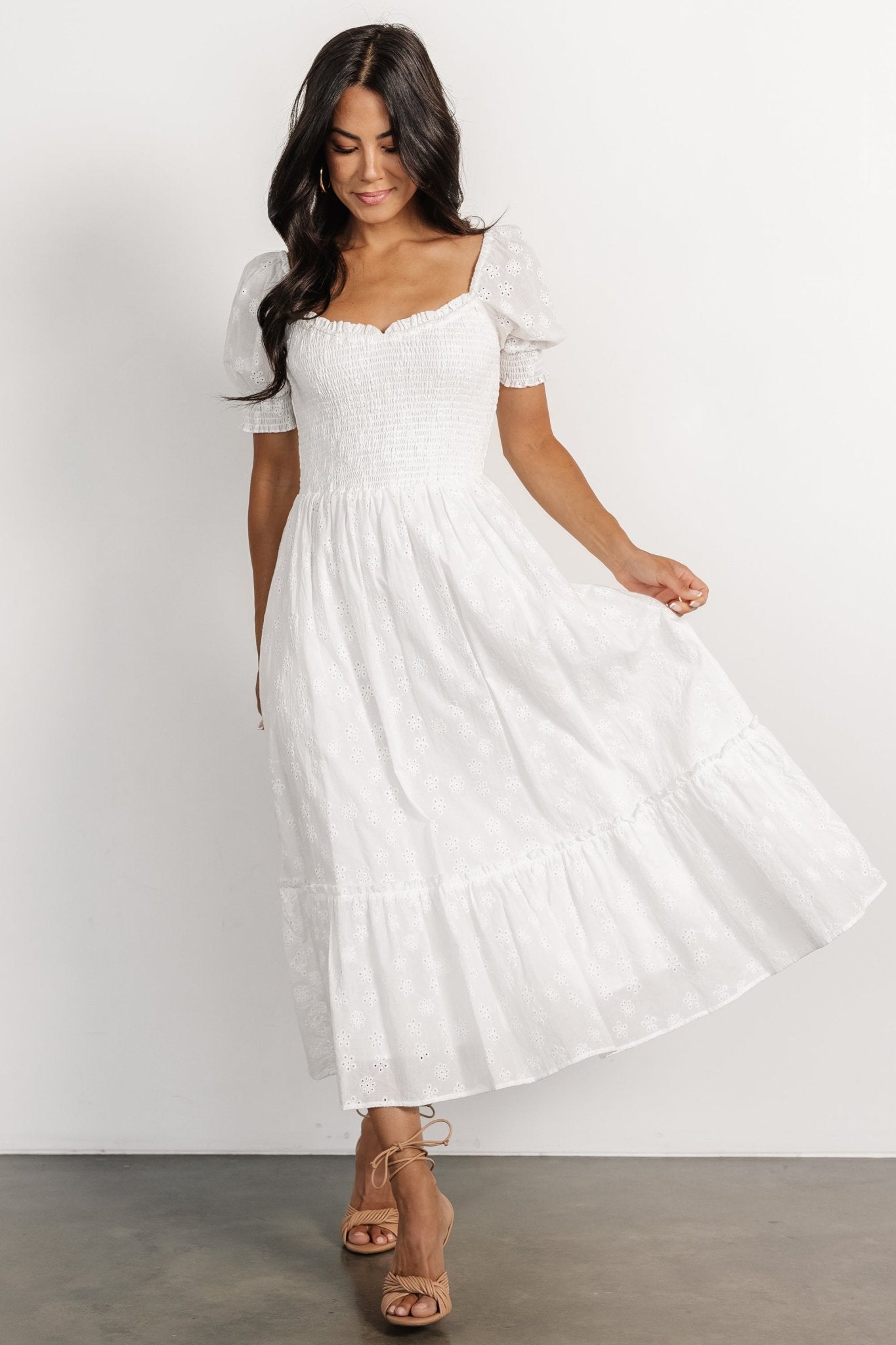 Women's Off White Eyelet Midi Dress with Smocked Bodice