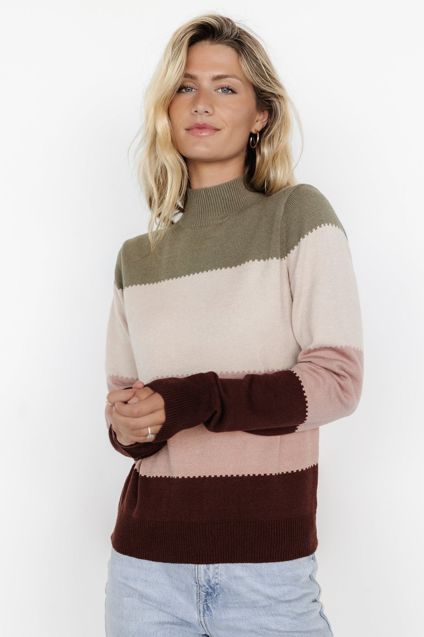 Baltic Born Color Block Knit Sweater - Olive & Mauve Mock Neck