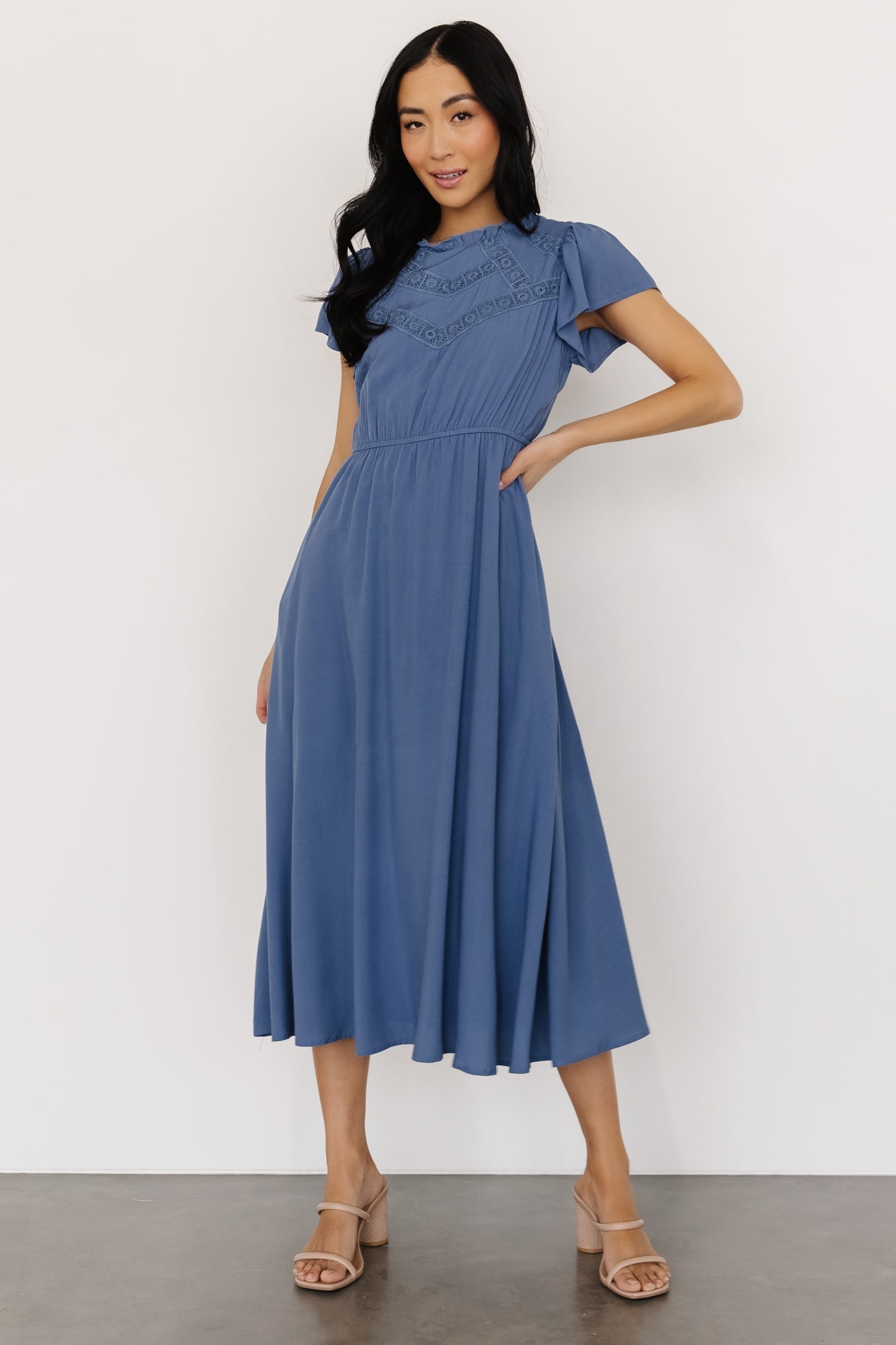 Blue Prestyn Midi Dress with Lace Detail & Pockets