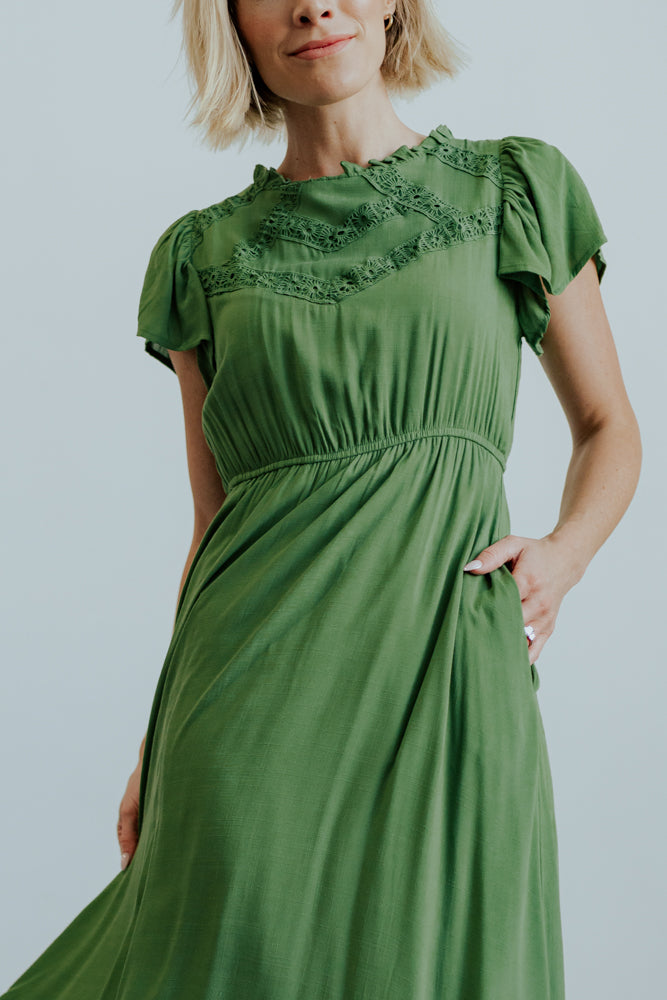 Prestyn Green Midi Dress with Lace Detail & Pockets