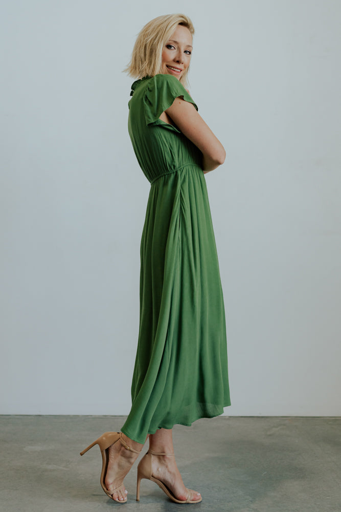 Prestyn Green Midi Dress with Lace Detail & Pockets