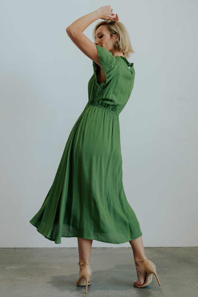 Prestyn Green Midi Dress with Lace Detail & Pockets