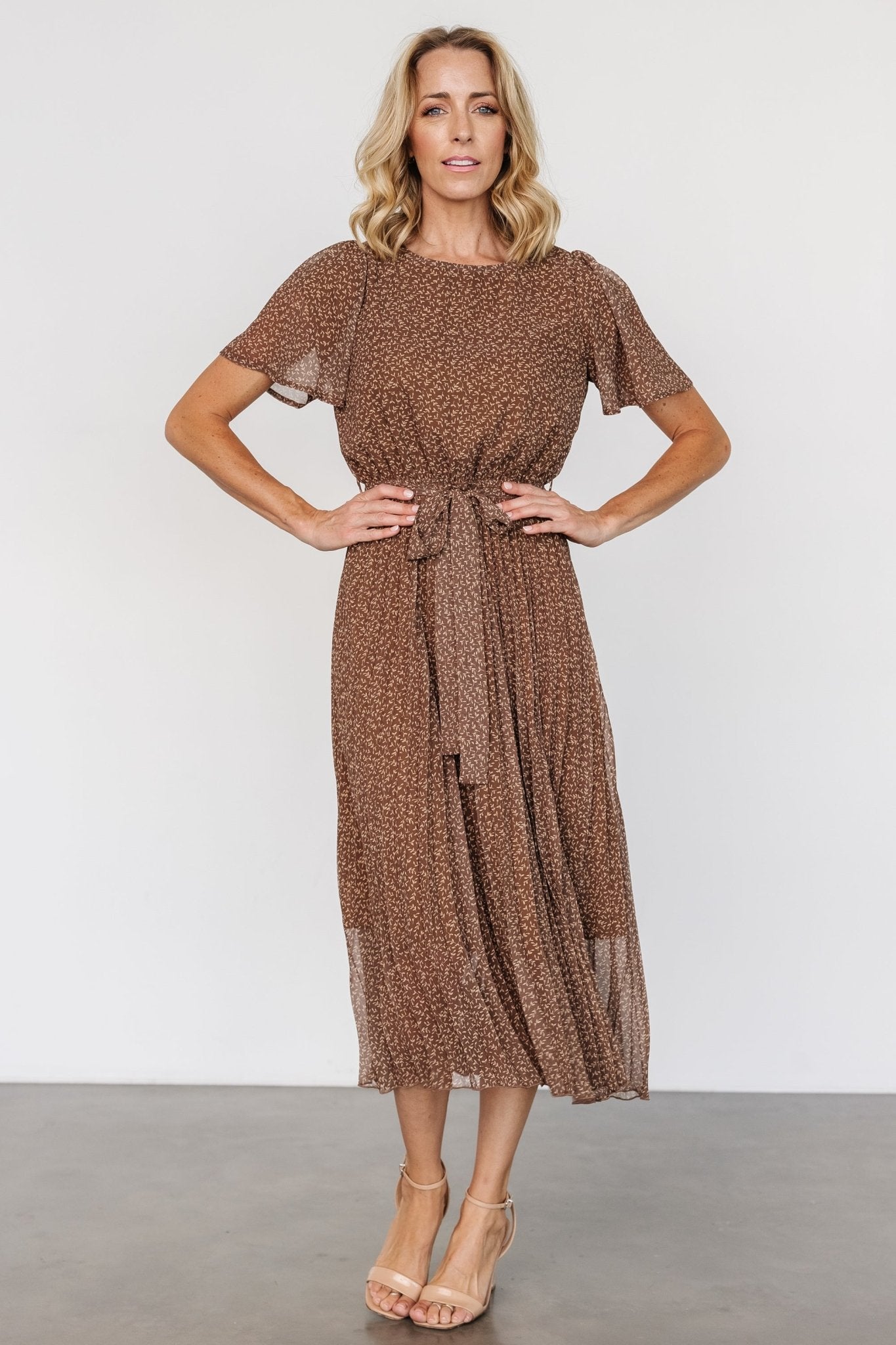 Baltic Born Pleated Chiffon Dress in Dusty Brown Print