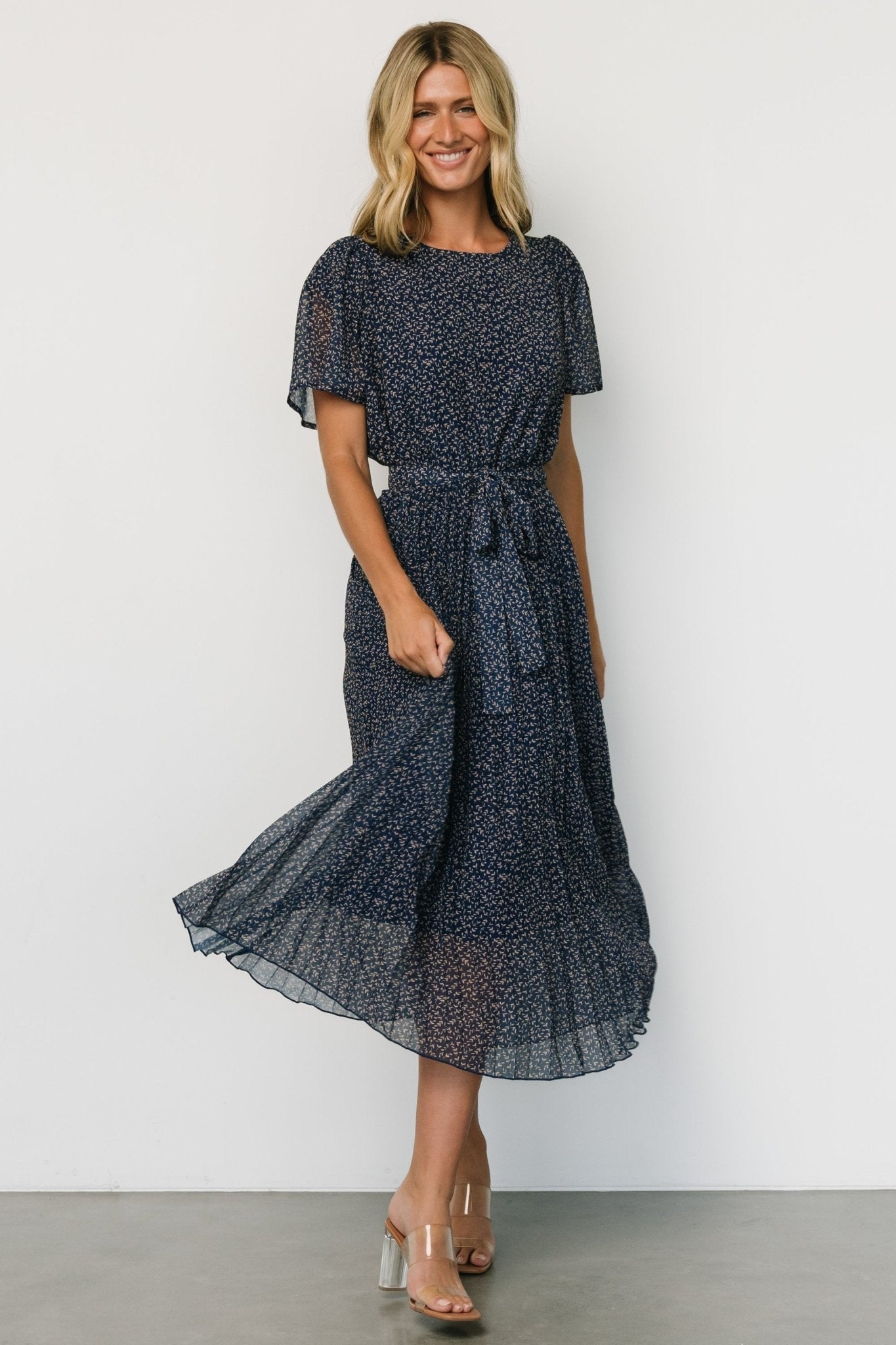 Baltic Born Navy Pleated Chiffon Dress with Waist Tie
