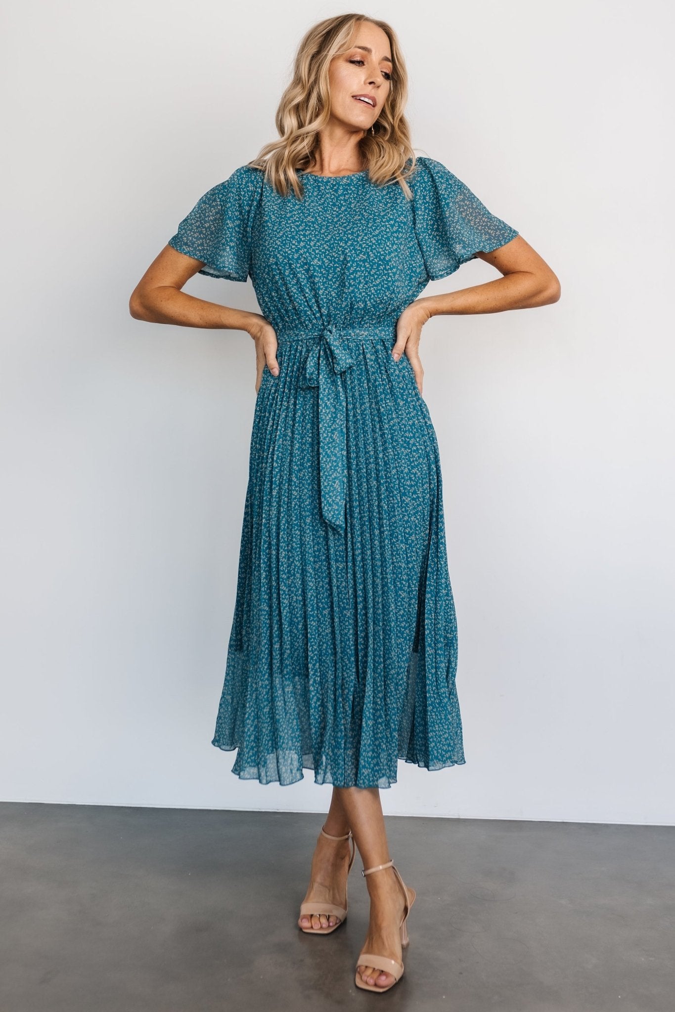 Baltic Born Blue Pleated Chiffon Dress with Waist Tie