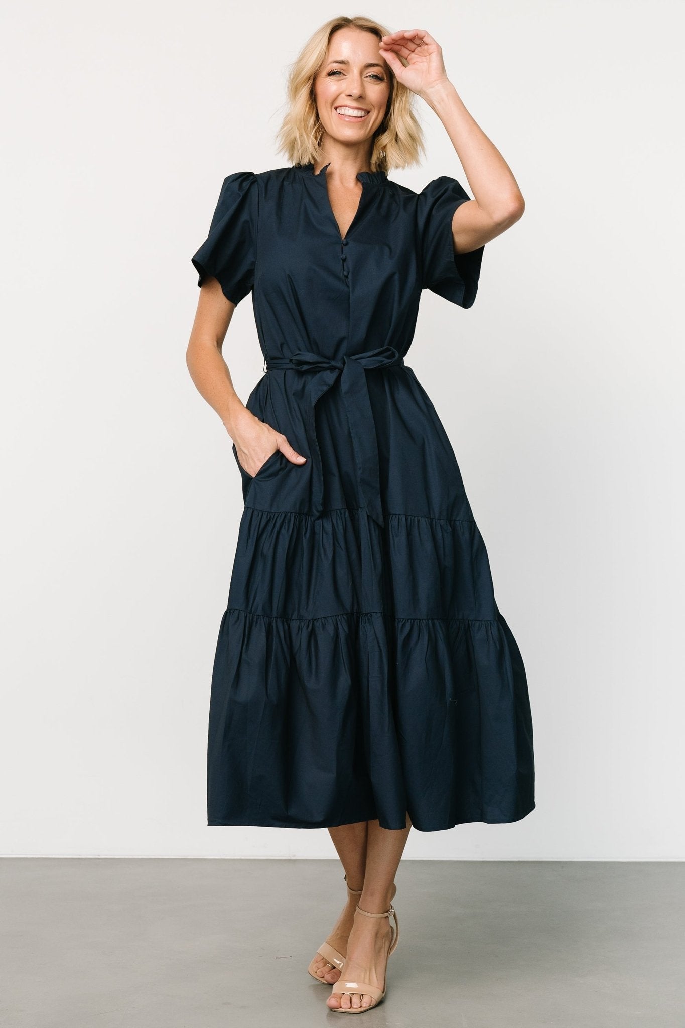 Navy Cotton V-Neck Poplin Dress with Ruffled Collar & Pockets