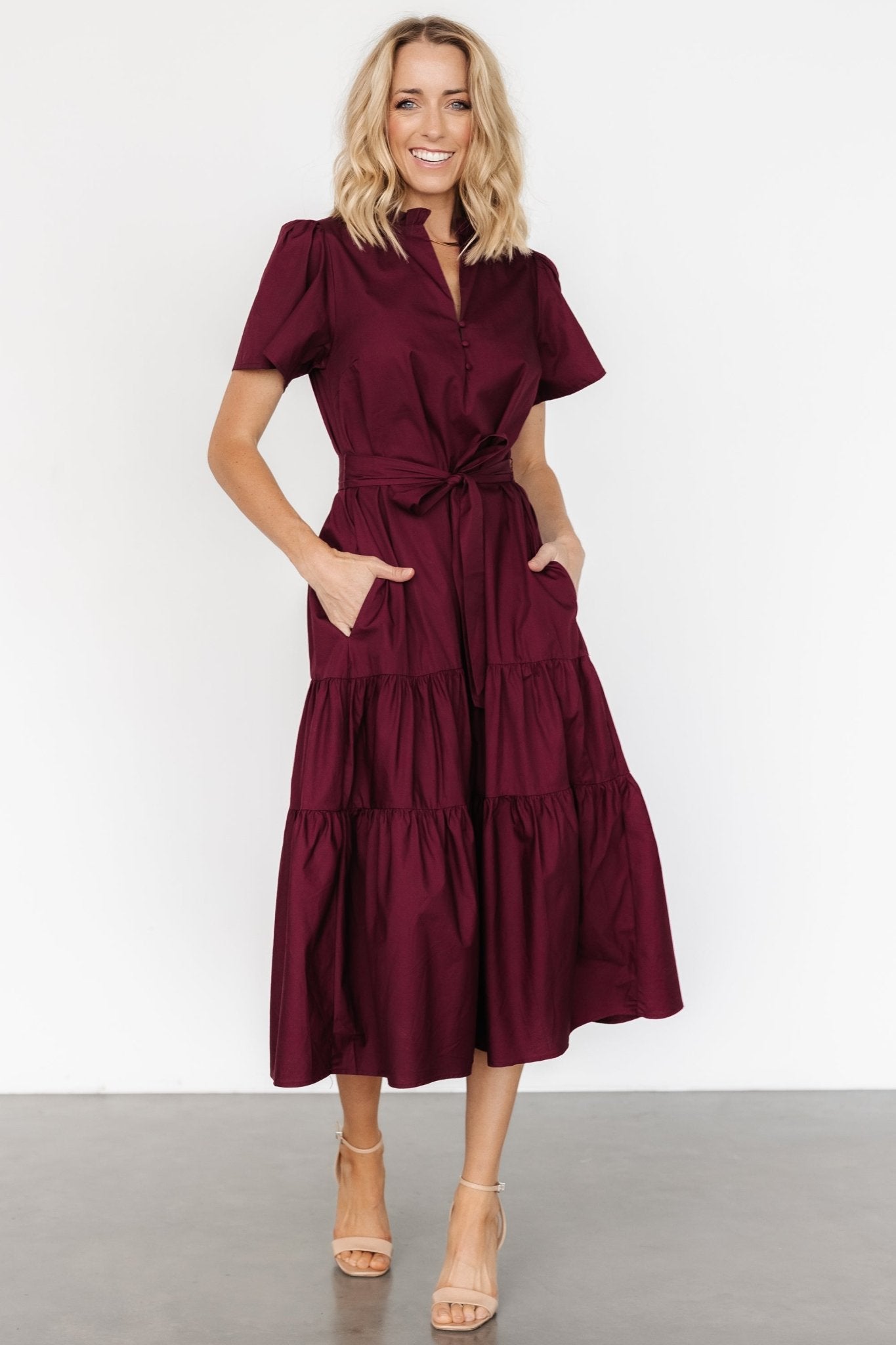 Baltic Born Wine V-Neck Poplin Dress with Ruffled Collar
