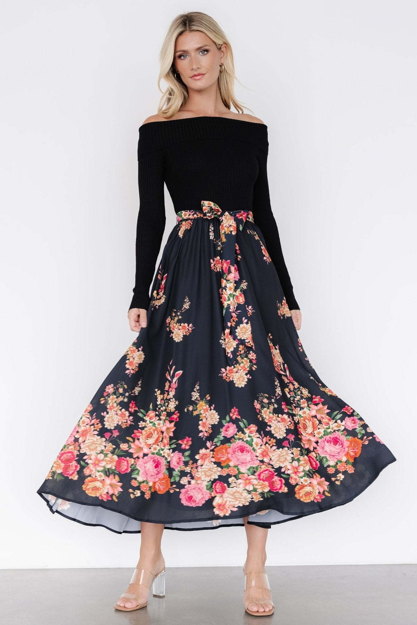 Qadira Floral Off Shoulder Dress with Pockets - Black & Multi