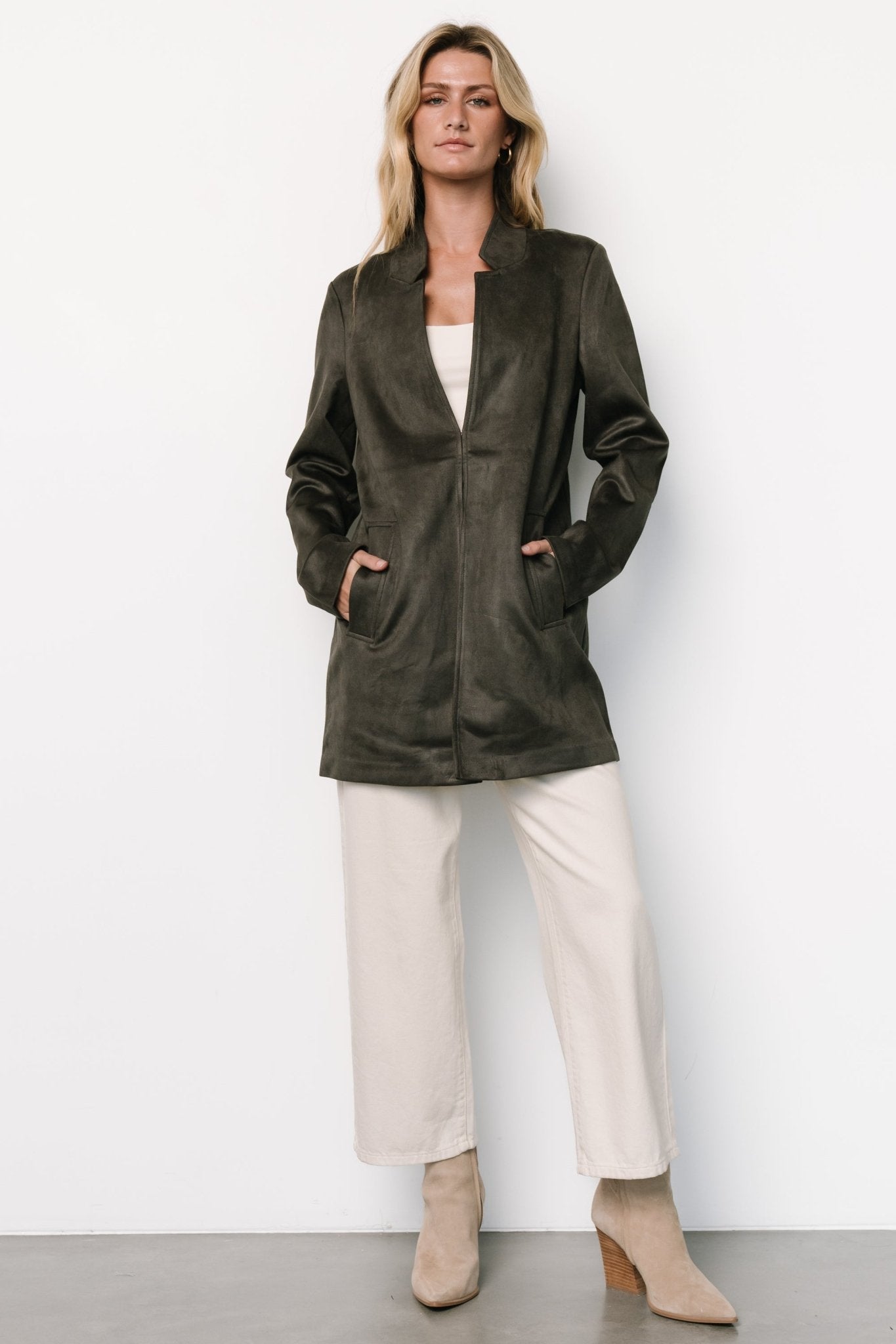 Queenie Charcoal Faux Suede Jacket for Women | Stretchy & Lined