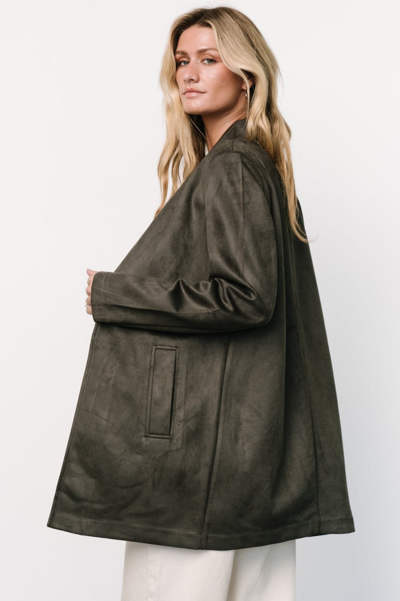 Queenie Charcoal Faux Suede Jacket for Women | Stretchy & Lined