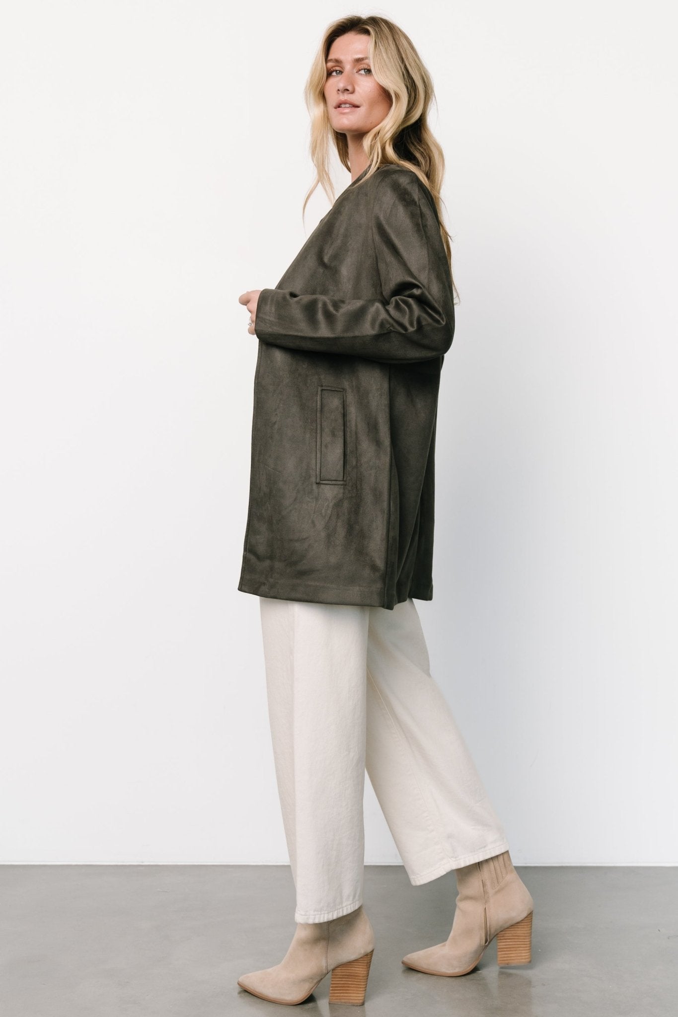 Queenie Charcoal Faux Suede Jacket for Women | Stretchy & Lined
