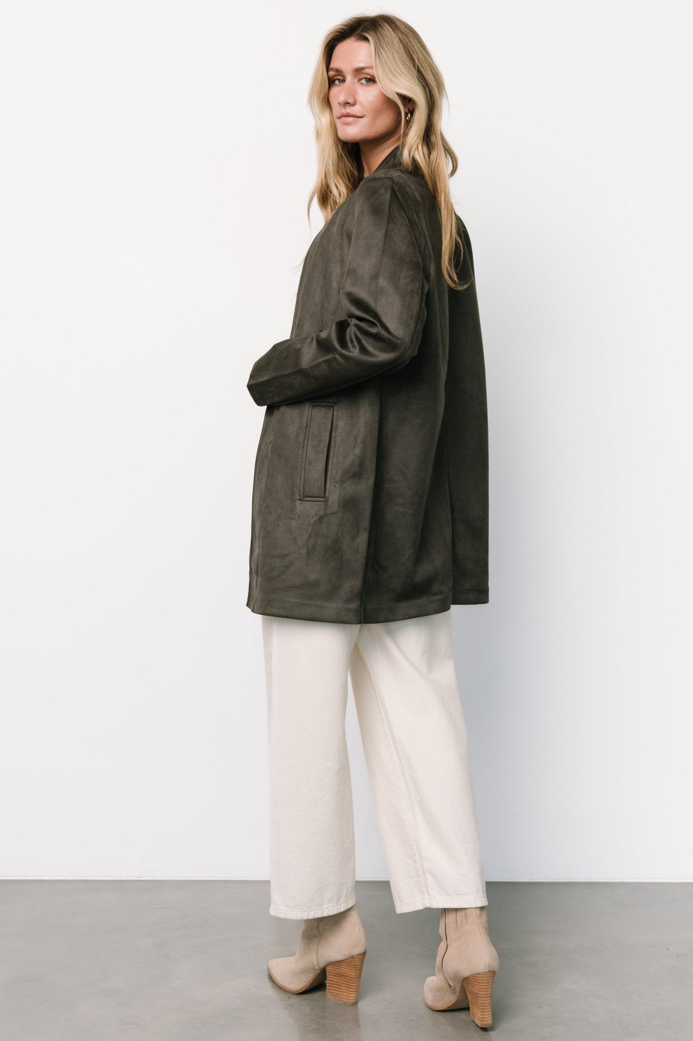 Queenie Charcoal Faux Suede Jacket for Women | Stretchy & Lined