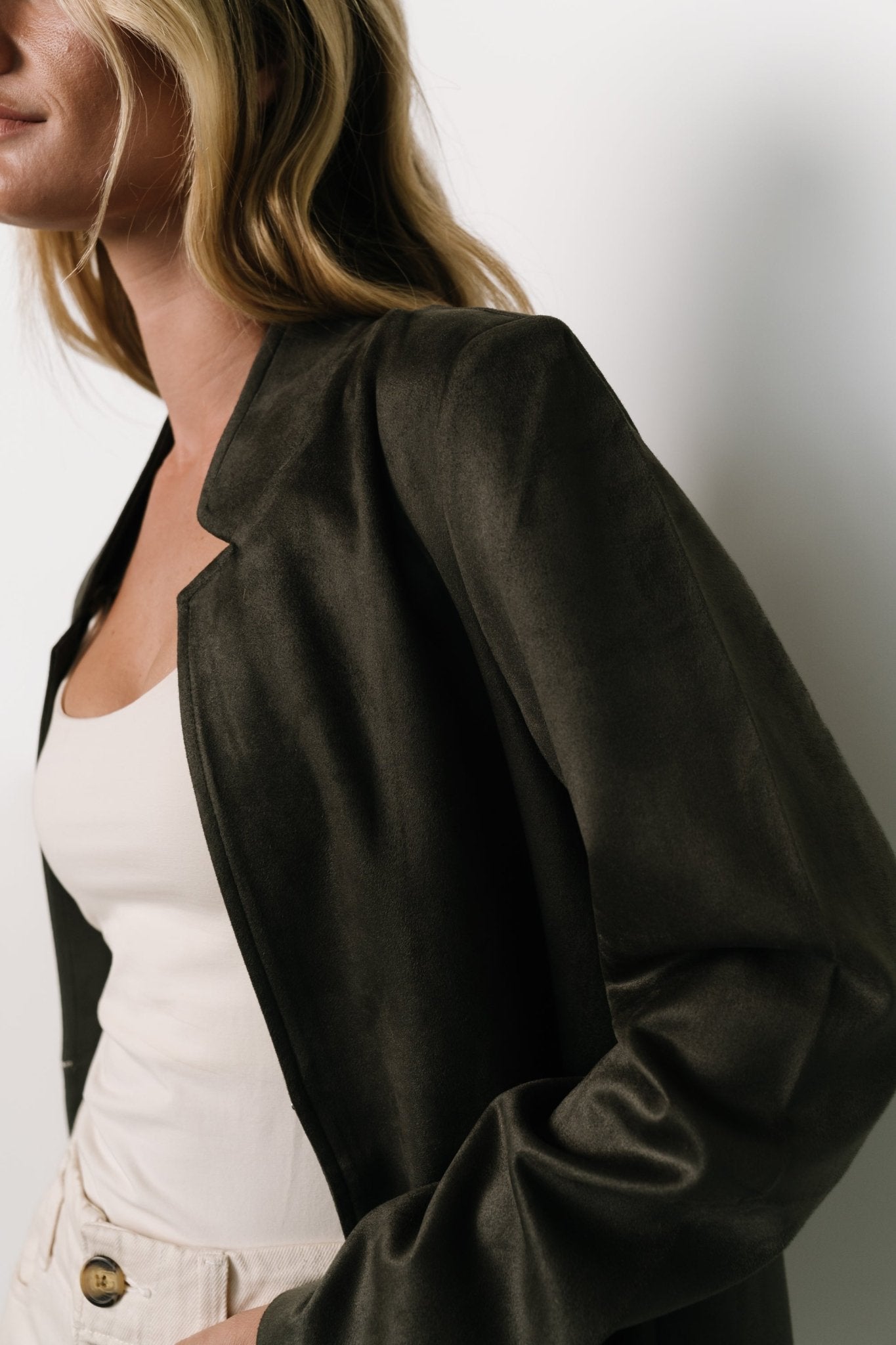 Queenie Charcoal Faux Suede Jacket for Women | Stretchy & Lined