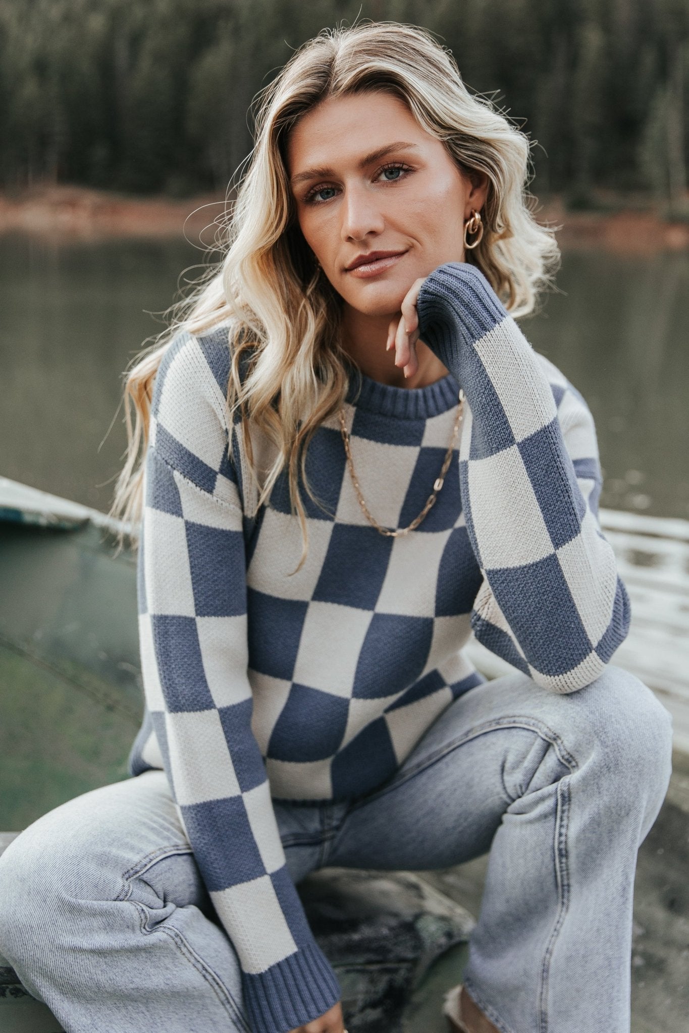 Blue Checkered Sweater for Women – Quincy Cotton Blend Cozy Pullover