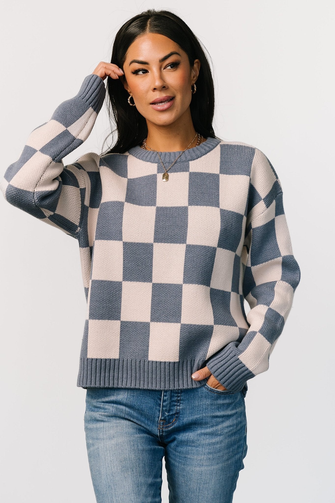 Blue Checkered Sweater for Women – Quincy Cotton Blend Cozy Pullover