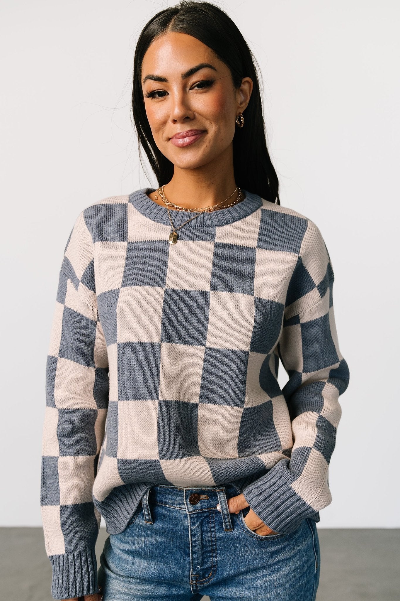 Blue Checkered Sweater for Women – Quincy Cotton Blend Cozy Pullover