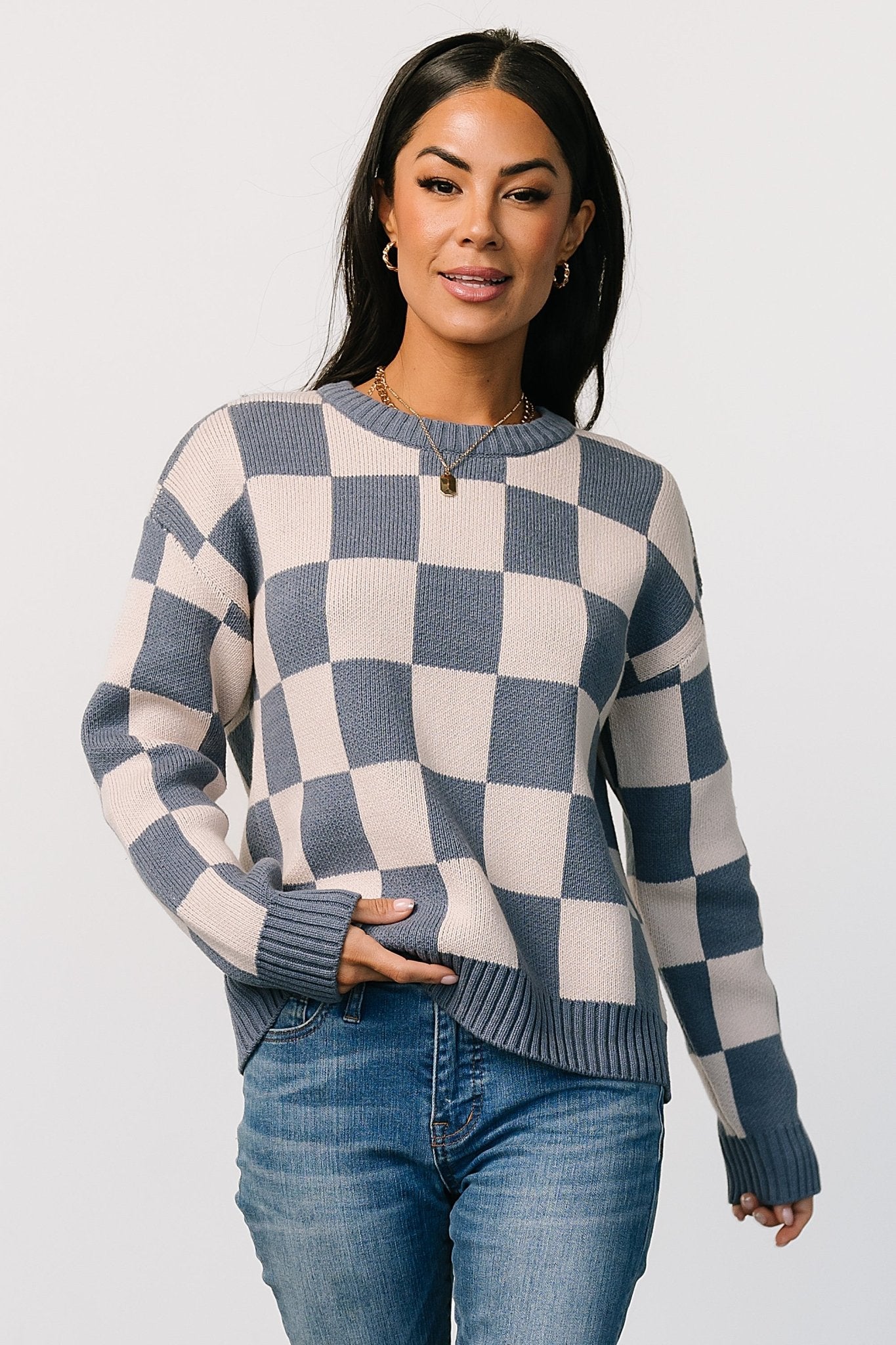 Blue Checkered Sweater for Women – Quincy Cotton Blend Cozy Pullover