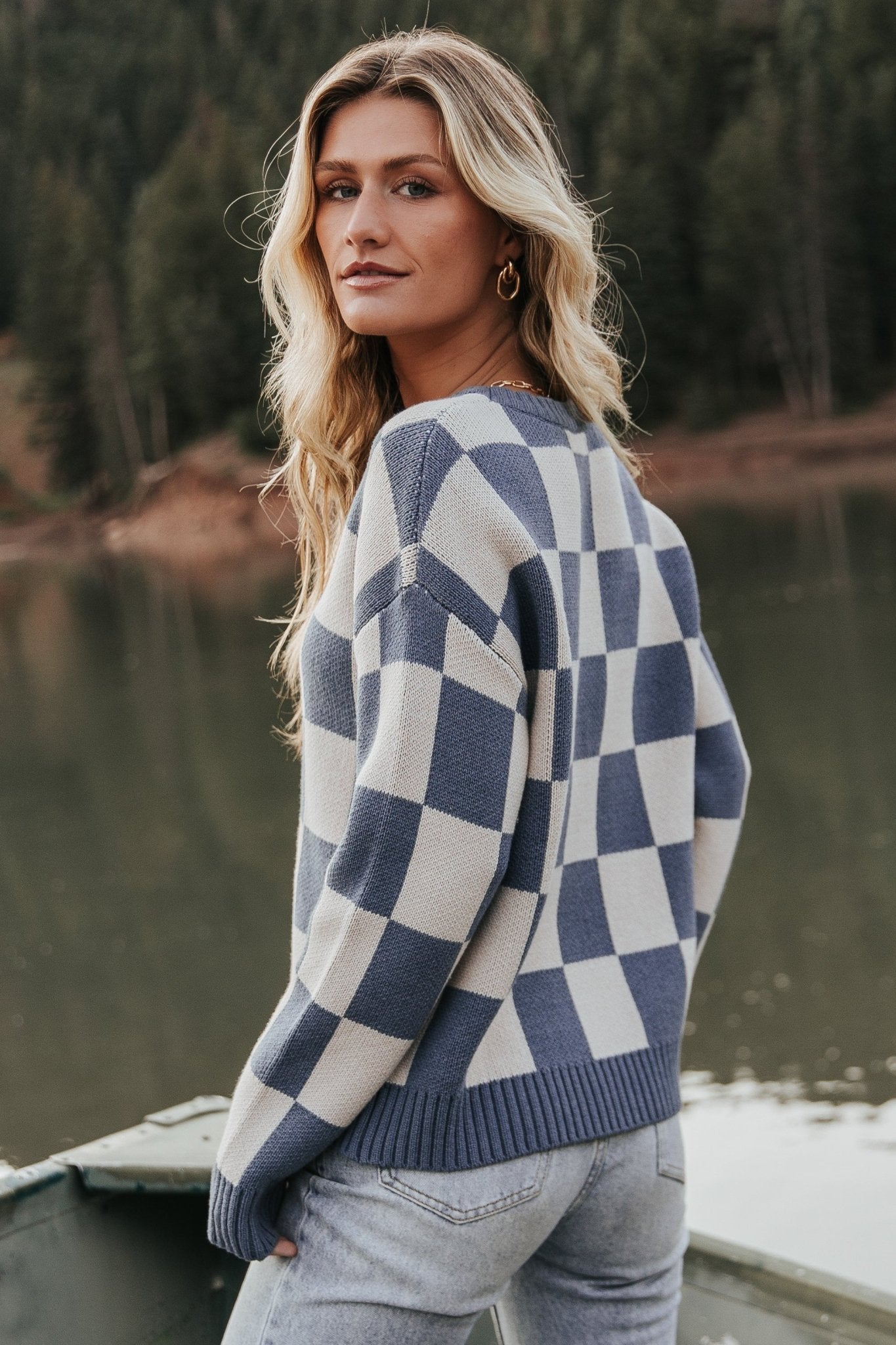 Blue Checkered Sweater for Women – Quincy Cotton Blend Cozy Pullover