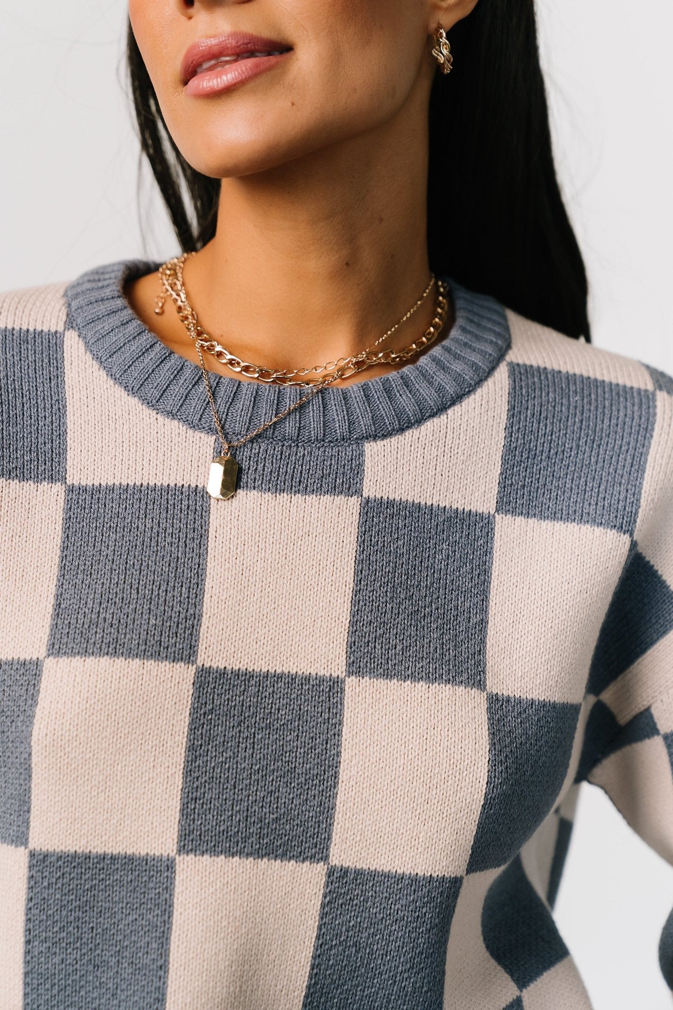 Blue Checkered Sweater for Women – Quincy Cotton Blend Cozy Pullover